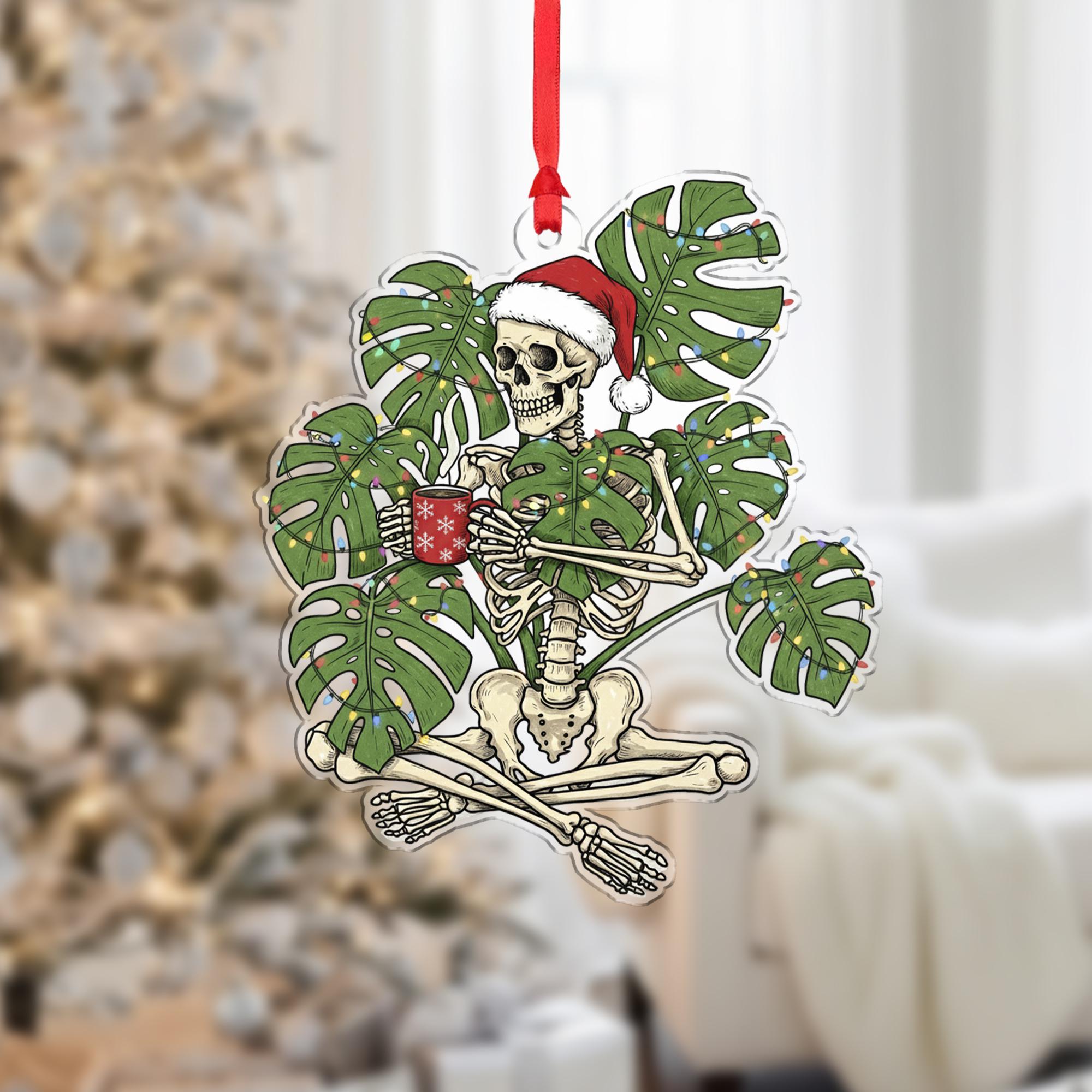 Acrylic Skeleton Ornament – Santa Hat Design with Monstera Leaves and Holiday Theme image 7