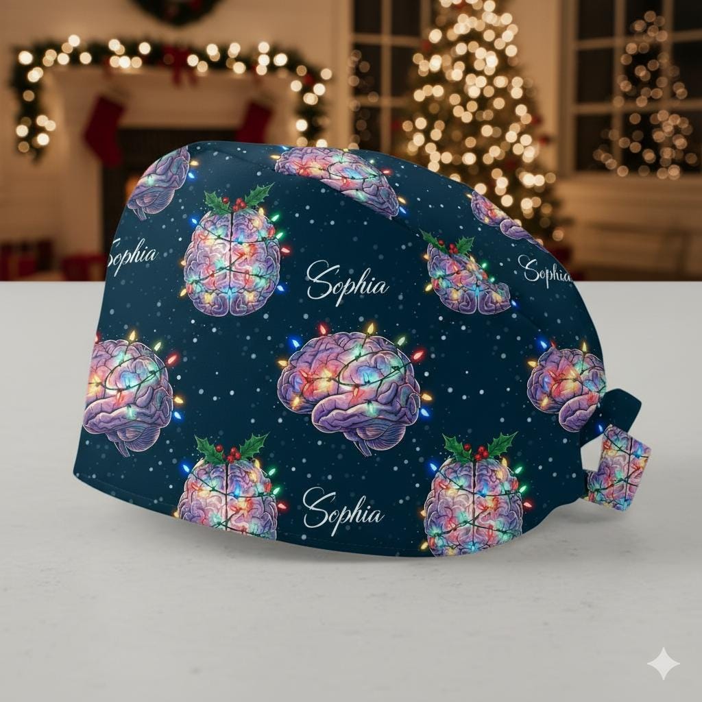 Anatomical Brain Christmas Scrub Cap – Personalized Holiday Nurse Surgical Hat image 2