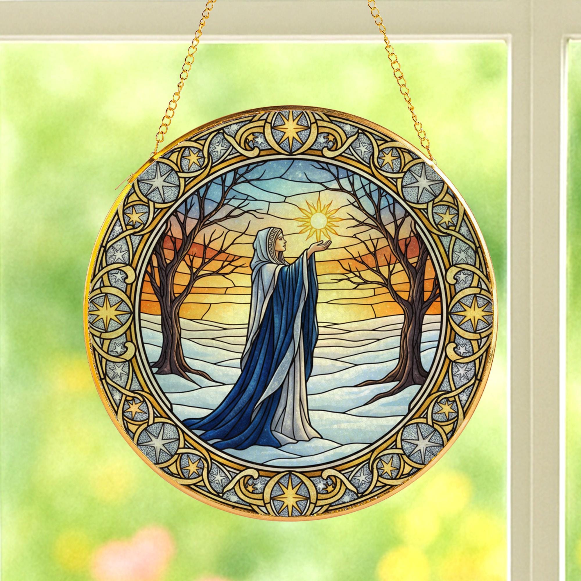 Winter Solstice Witch Glass Suncatcher – Gold Frame Pagan Yule Window Hanging Decor image 3