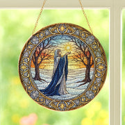 Winter Solstice Witch Glass Suncatcher – Gold Frame Pagan Yule Window Hanging Decor WITHOUT STAND