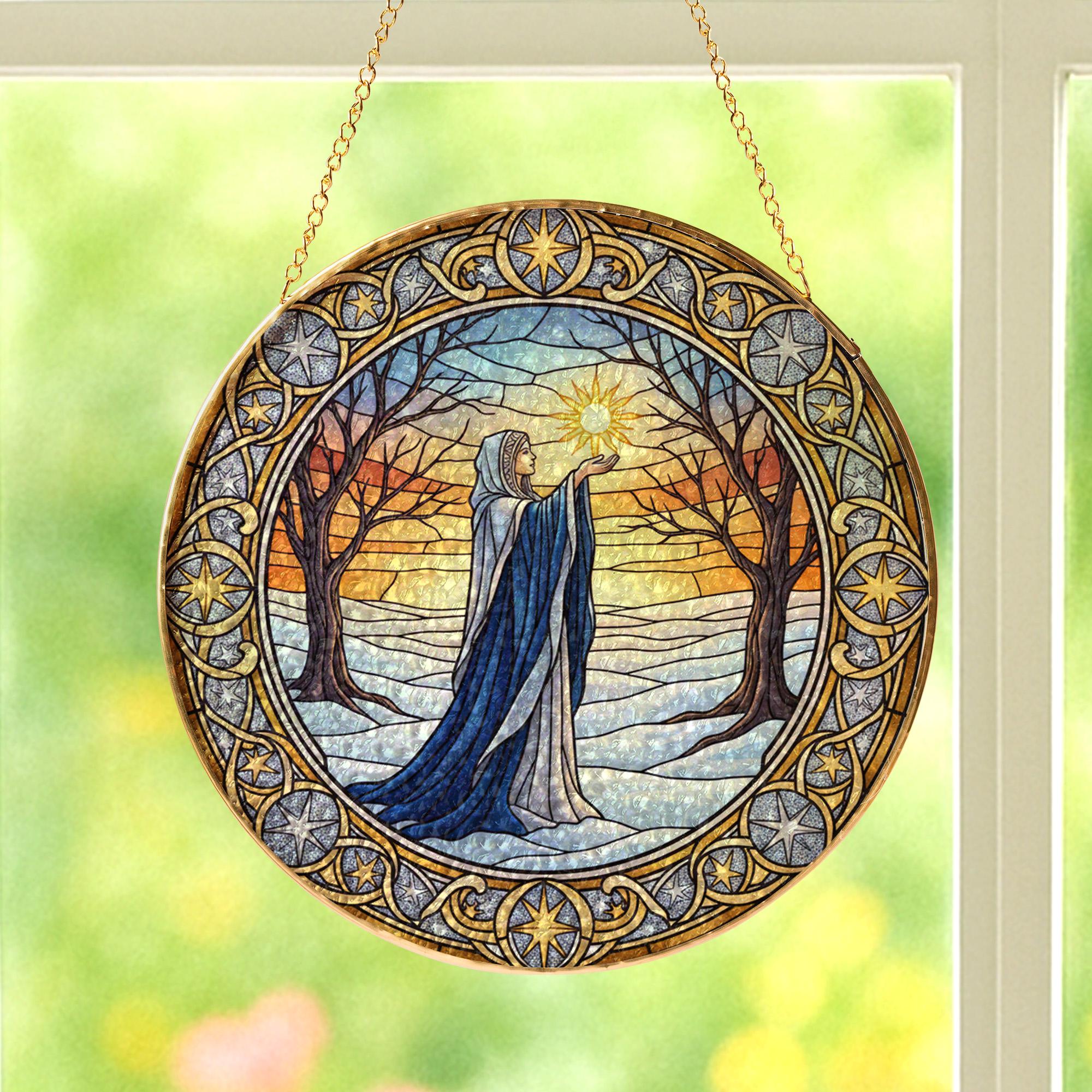Winter Solstice Witch Glass Suncatcher – Gold Frame Pagan Yule Window Hanging Decor WITHOUT STAND