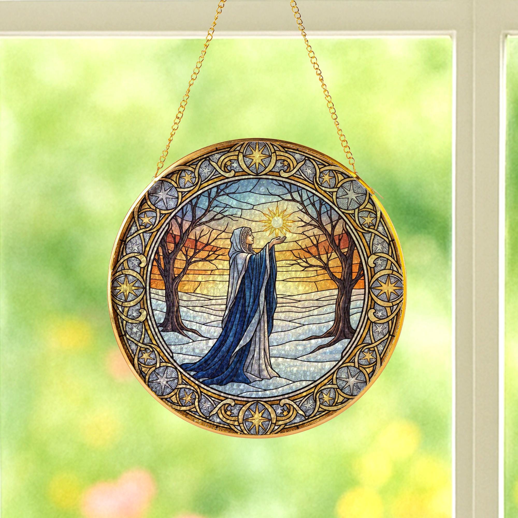 Winter Solstice Witch Glass Suncatcher – Gold Frame Pagan Yule Window Hanging Decor image 5