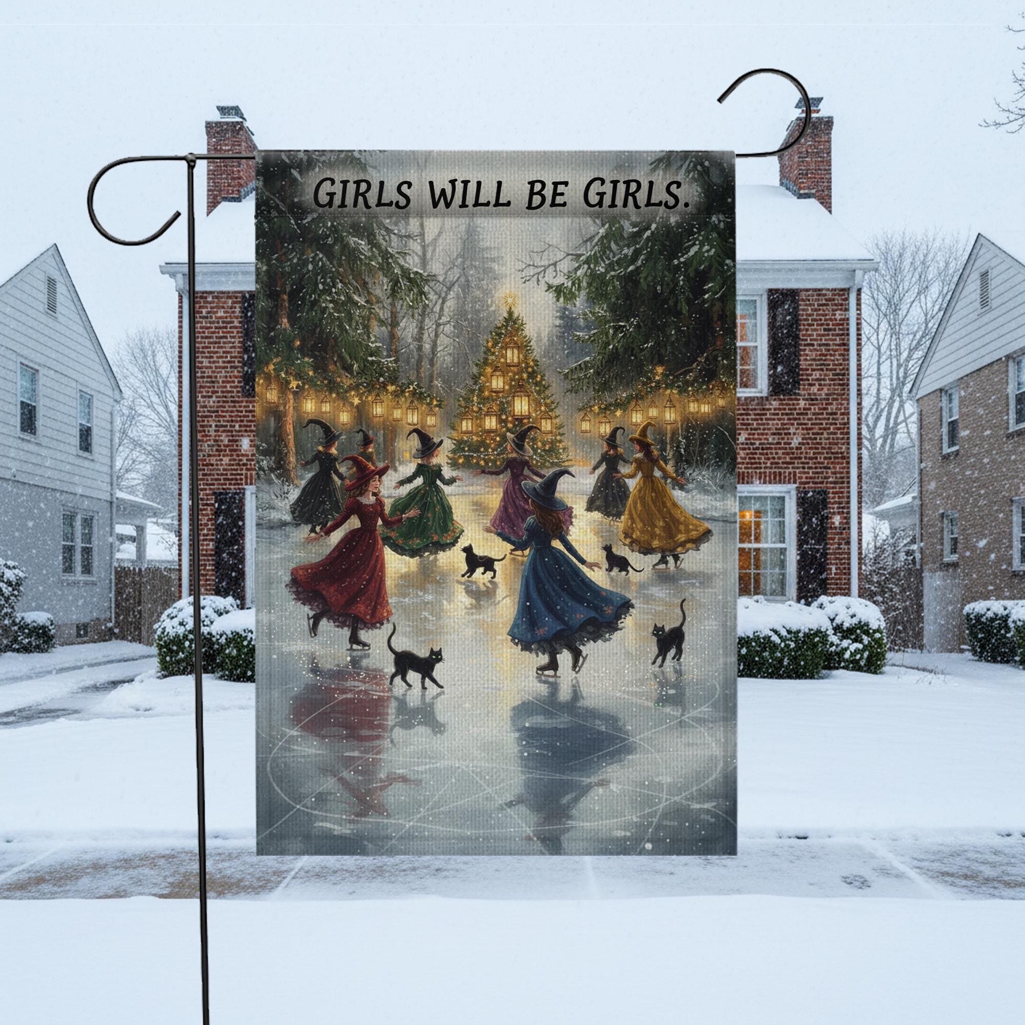 Winter Solstice Witches Garden Flag – Pagan Yule Witch Outdoor Yard Decor image 1