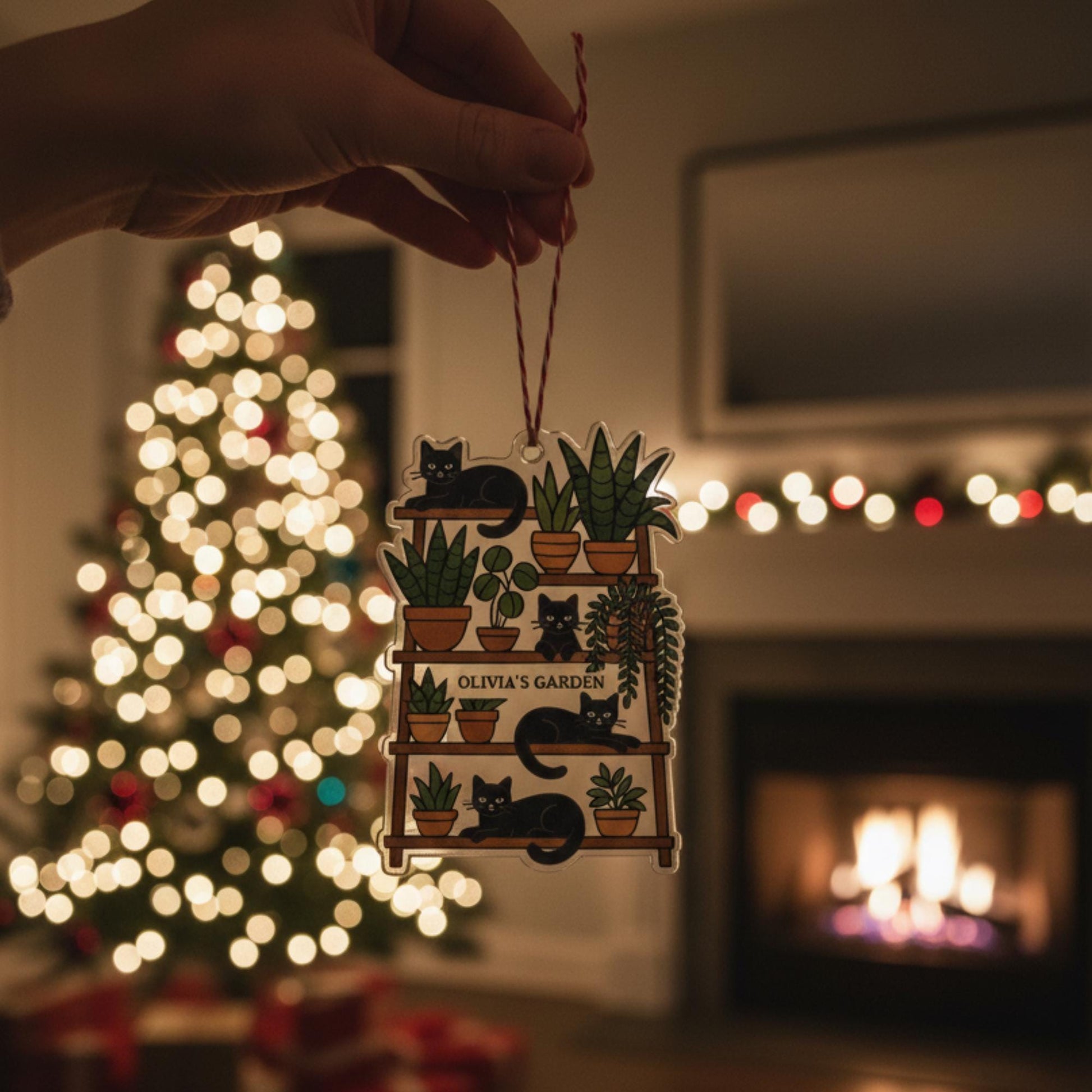 Custom Cat and Plant Ornament – Personalized Black Cat Houseplant Acrylic Christmas Decor image 2