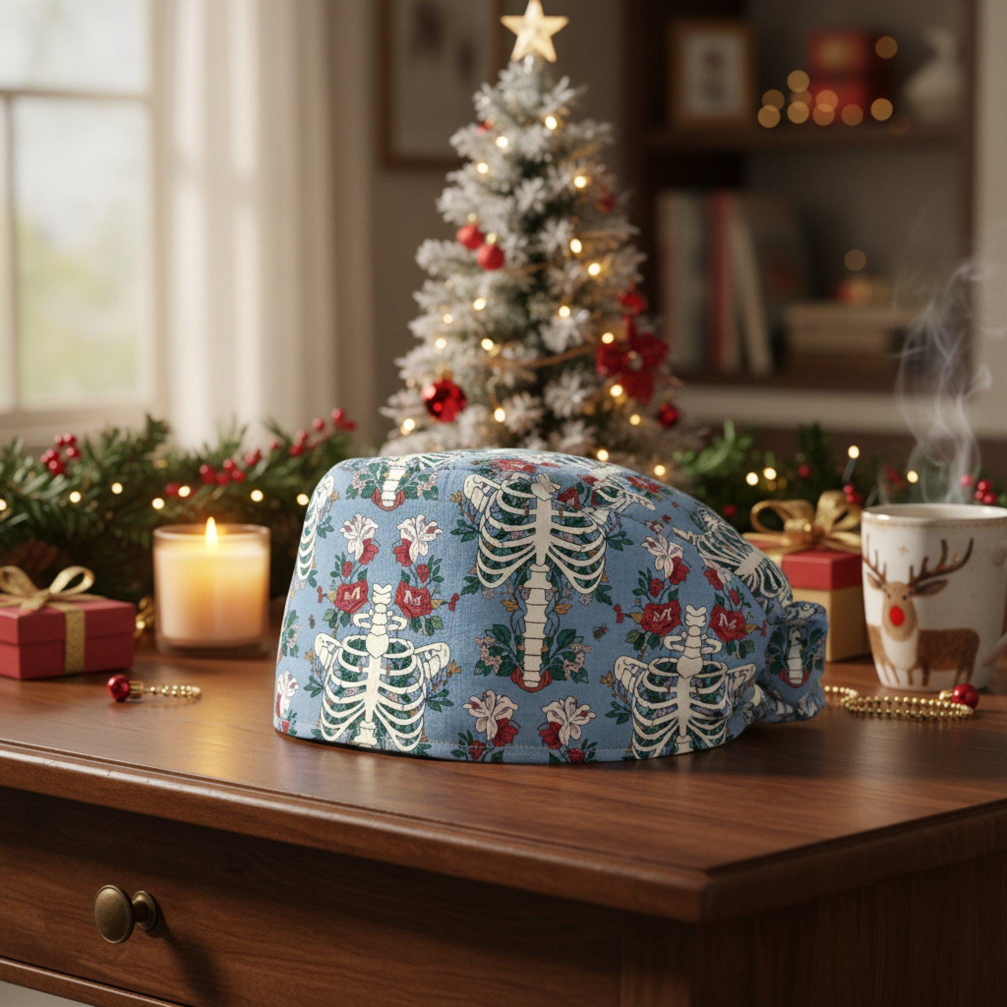 Scrub Cap Surgical Hat Blue Skeleton Rose Print: Medical Skull Floral Cap image 1