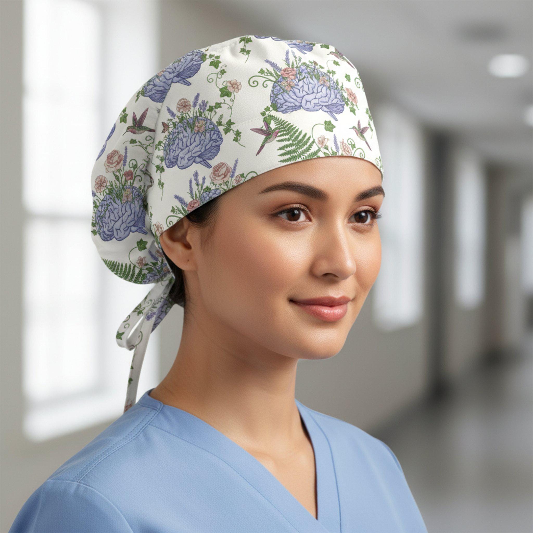 Scrub Cap Tie Back White Brain Flower Print: Medical Neurologist Floral Hat image 1