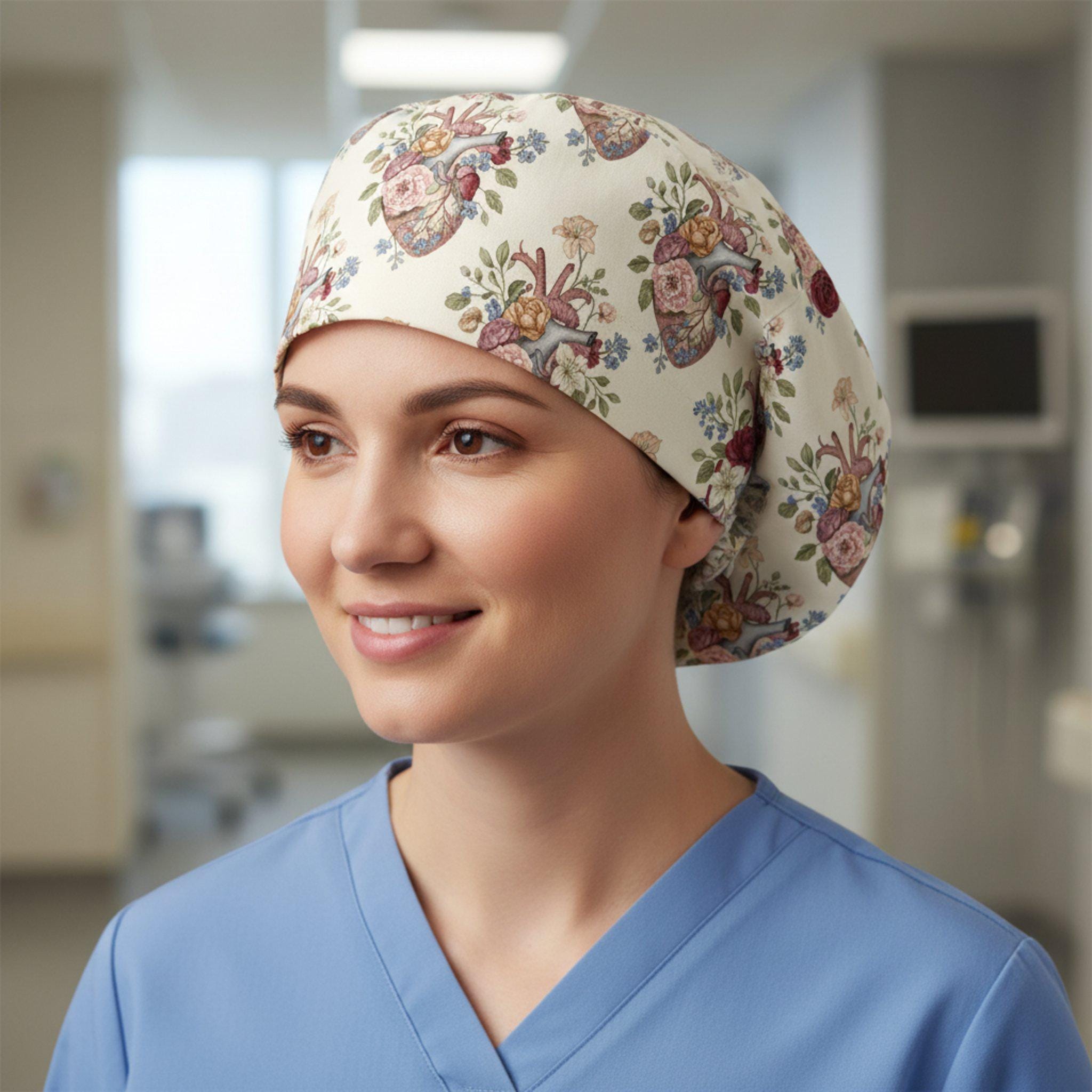 Scrub Cap Surgical Hat Beige Heart Flower Print: Medical Cardiologist Floral Cap image 1