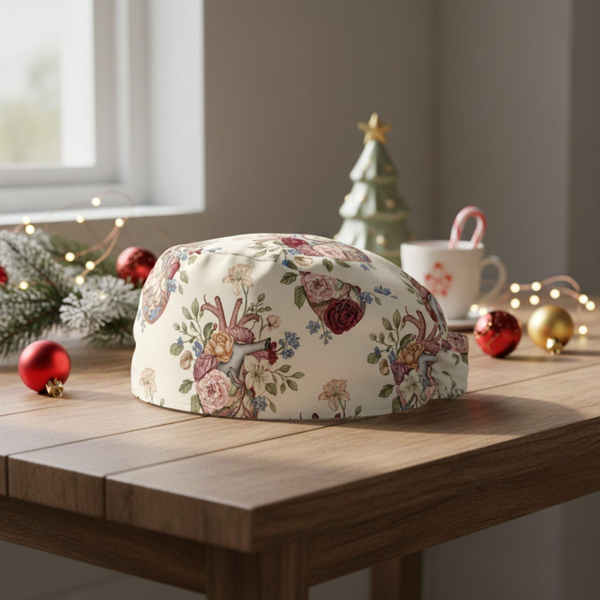 Scrub Cap Surgical Hat Beige Heart Flower Print: Medical Cardiologist Floral Cap image 2