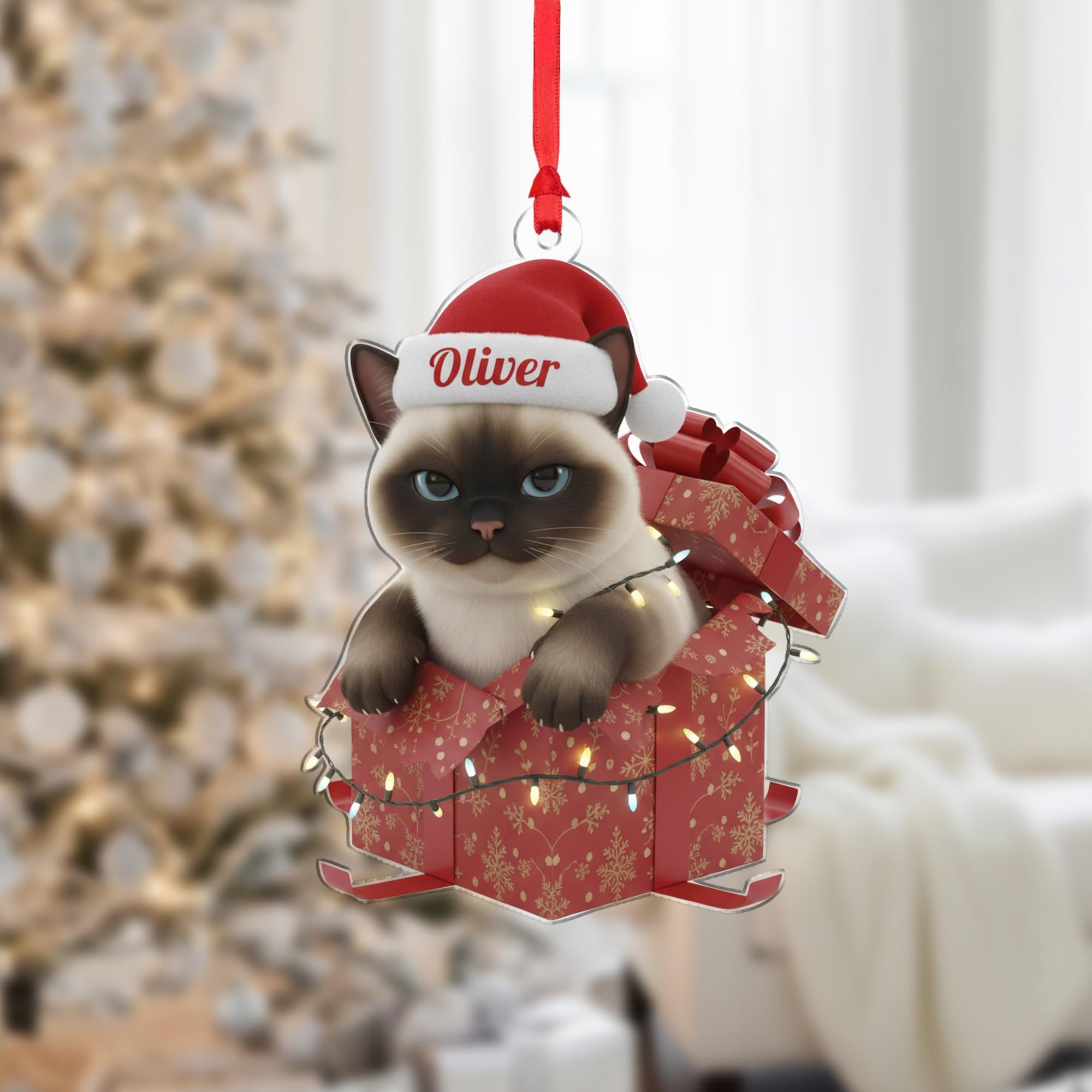 Personalized Siamese Cat Christmas Ornament: Santa Hat Gift Box image 1