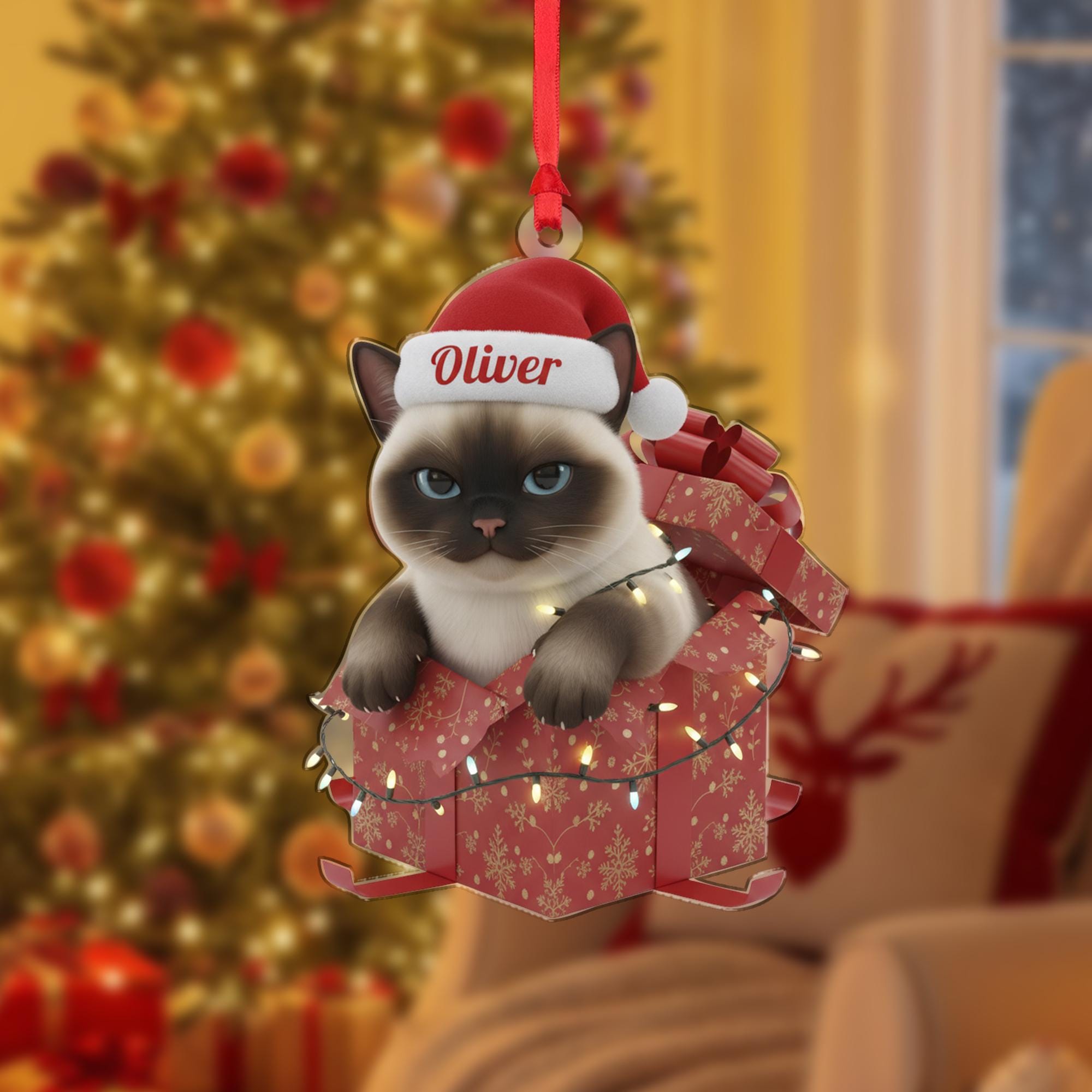 Personalized Siamese Cat Christmas Ornament: Santa Hat Gift Box image 2