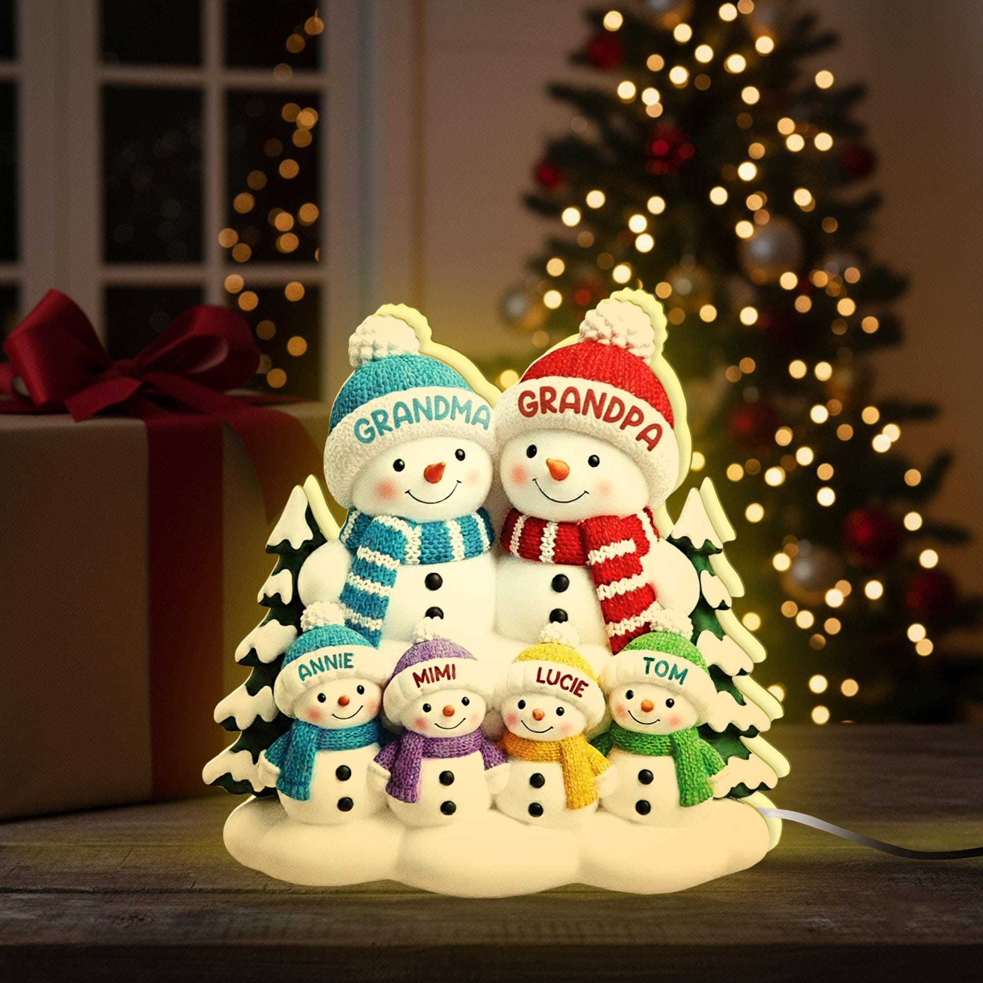 Personalised Snowman-Family LED Light Box – Grandparents Custom Names Holiday Table Decoration image 1