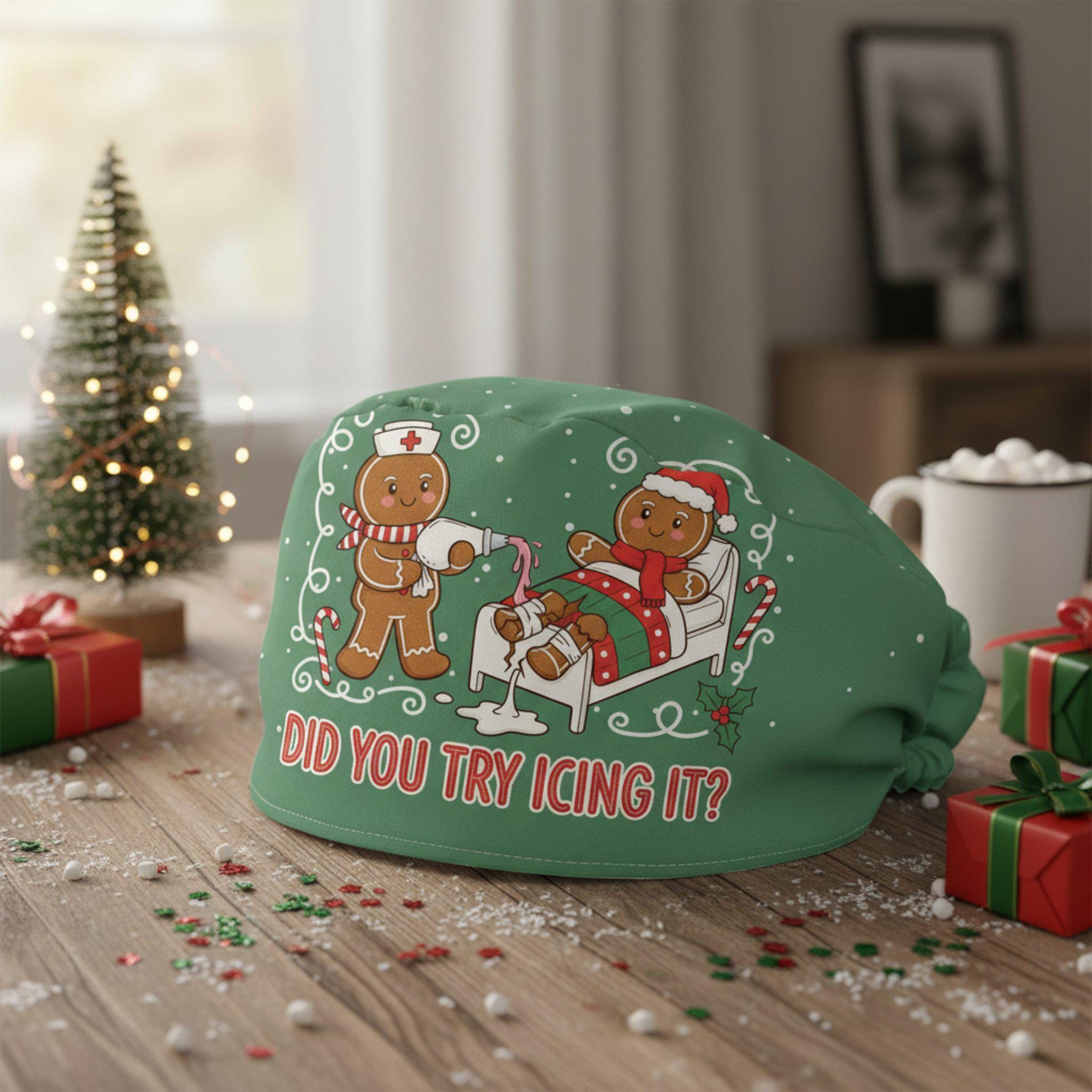Scrub Cap Surgical Hat Green Gingerbread Icing Print: Funny Nurse Christmas Cap image 1
