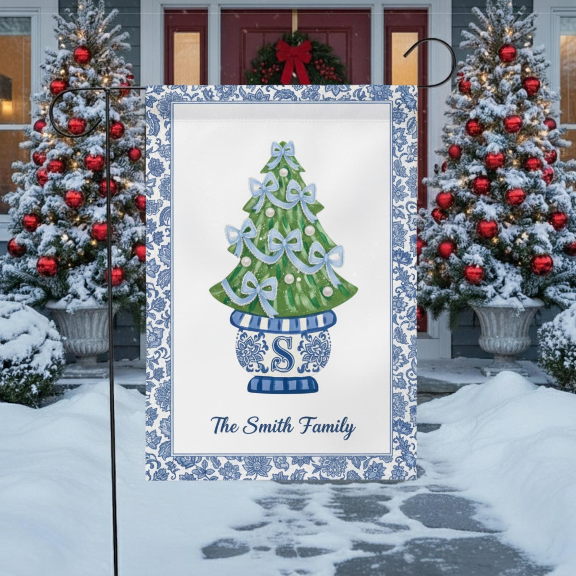 Custom Chinoiserie Christmas Garden Flag – Personalized Monogram Holiday Yard Decor image 1