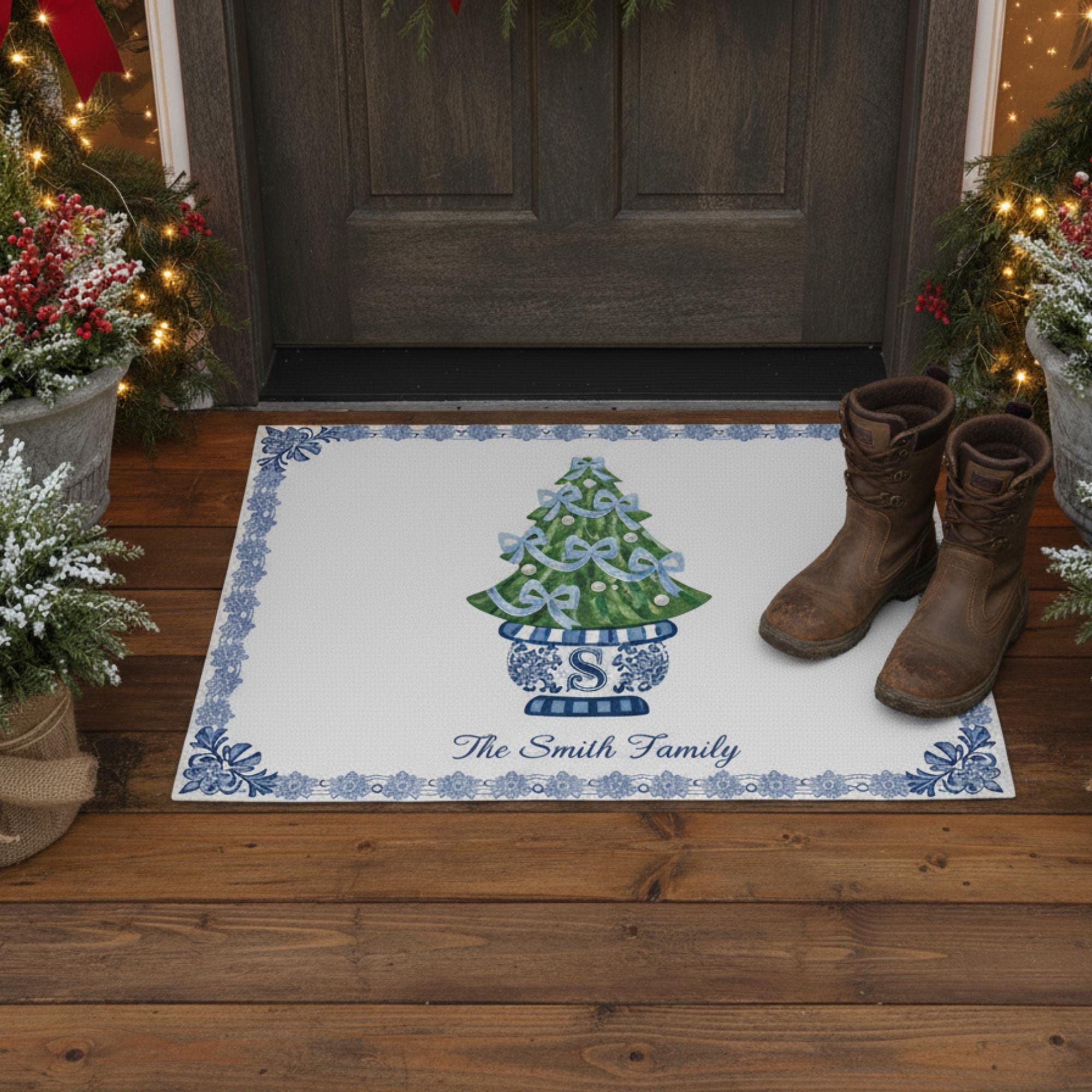 Custom Chinoiserie Christmas Doormat – Personalized Blue and White Holiday Entryway Rug image 4