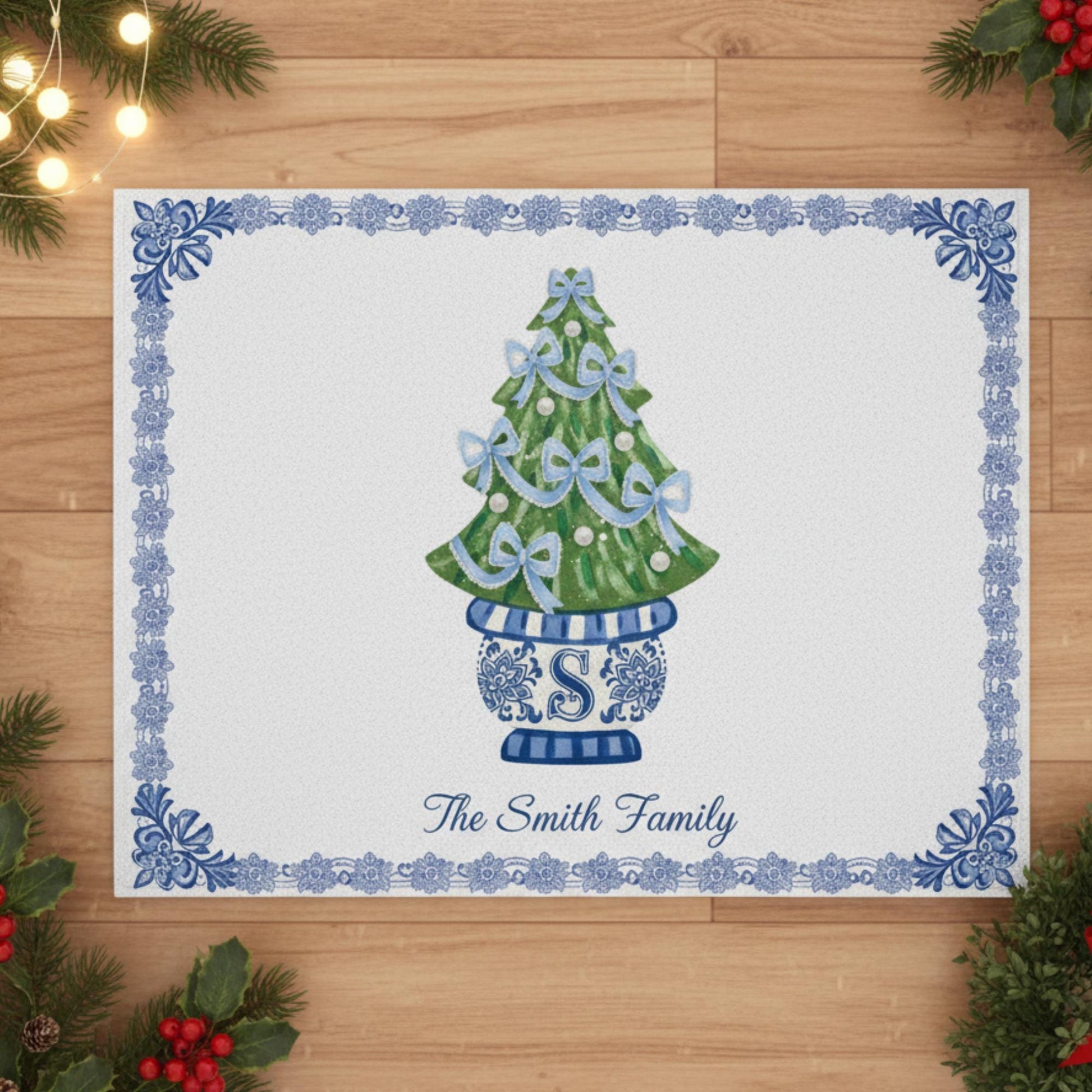 Custom Chinoiserie Christmas Doormat – Personalized Blue and White Holiday Entryway Rug image 2