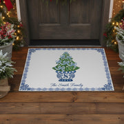 Custom Chinoiserie Christmas Doormat – Personalized Blue and White Holiday Entryway Rug image 1