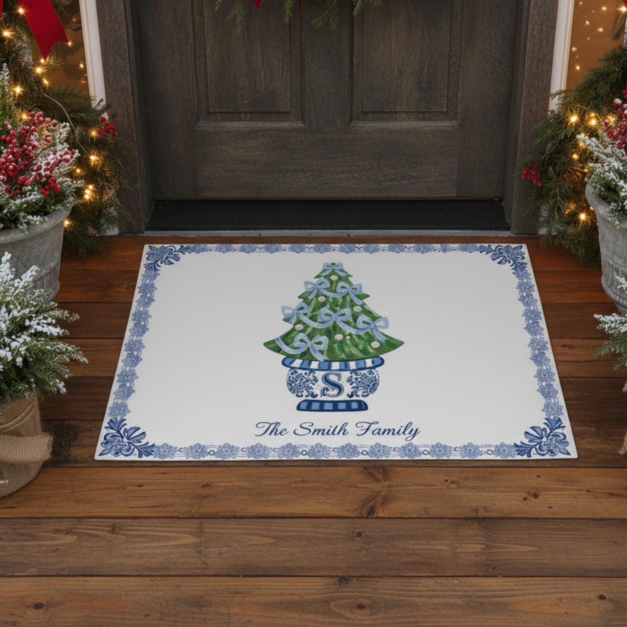 Custom Chinoiserie Christmas Doormat – Personalized Blue and White Holiday Entryway Rug image 1