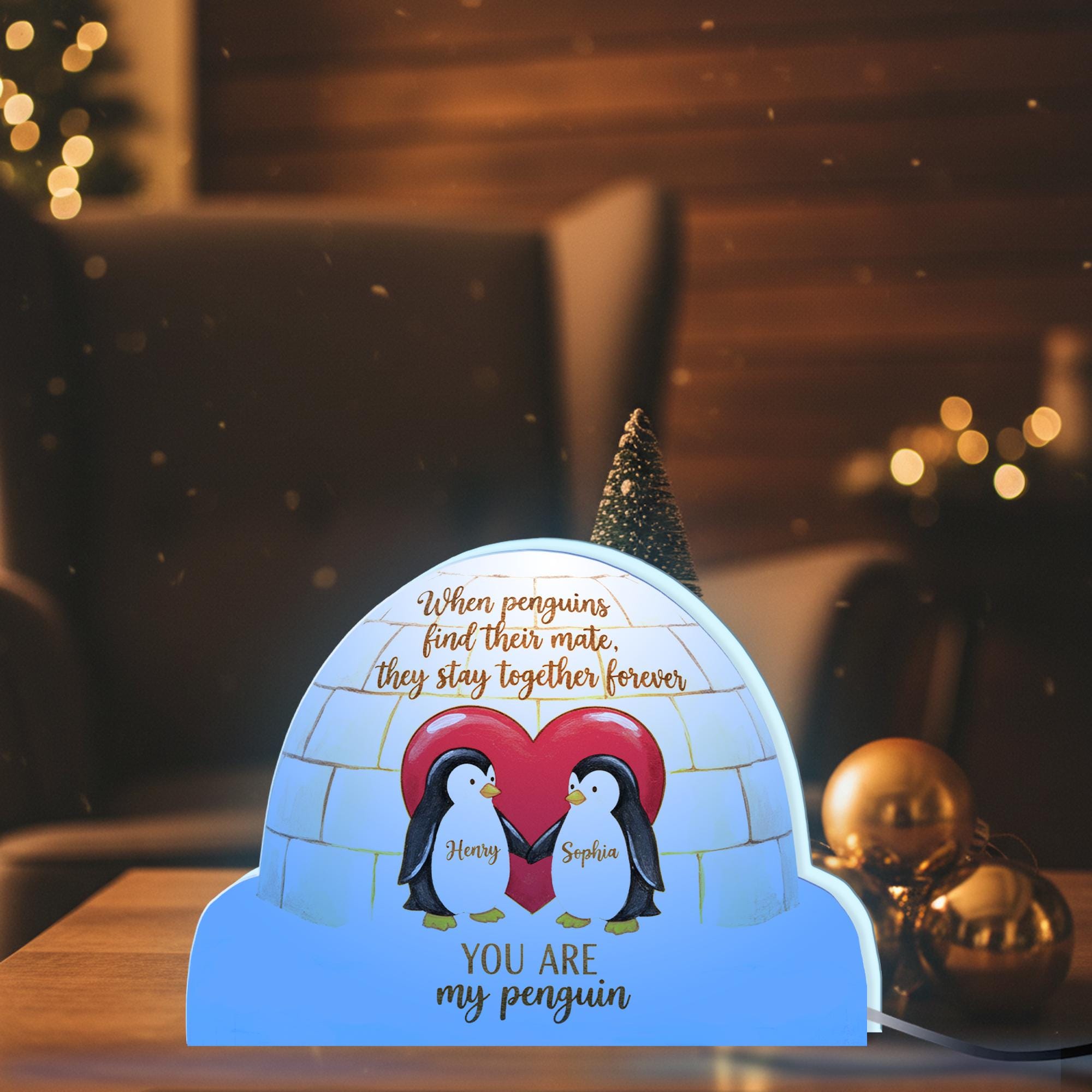 Personalized Penguin Light Box – Custom Couple Keepsake, Igloo Heart Decor image 3