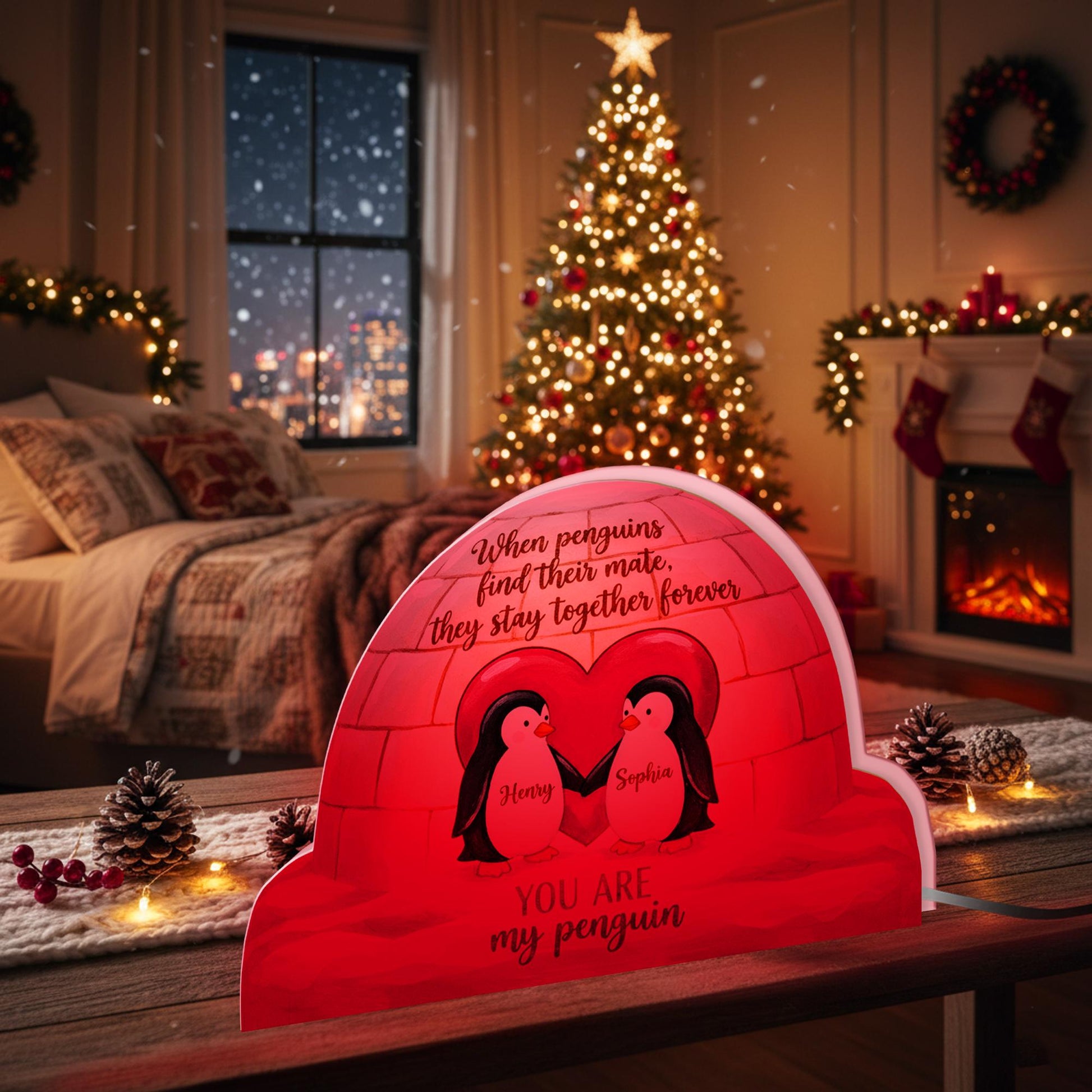 Personalized Penguin Light Box – Custom Couple Keepsake, Igloo Heart Decor image 4