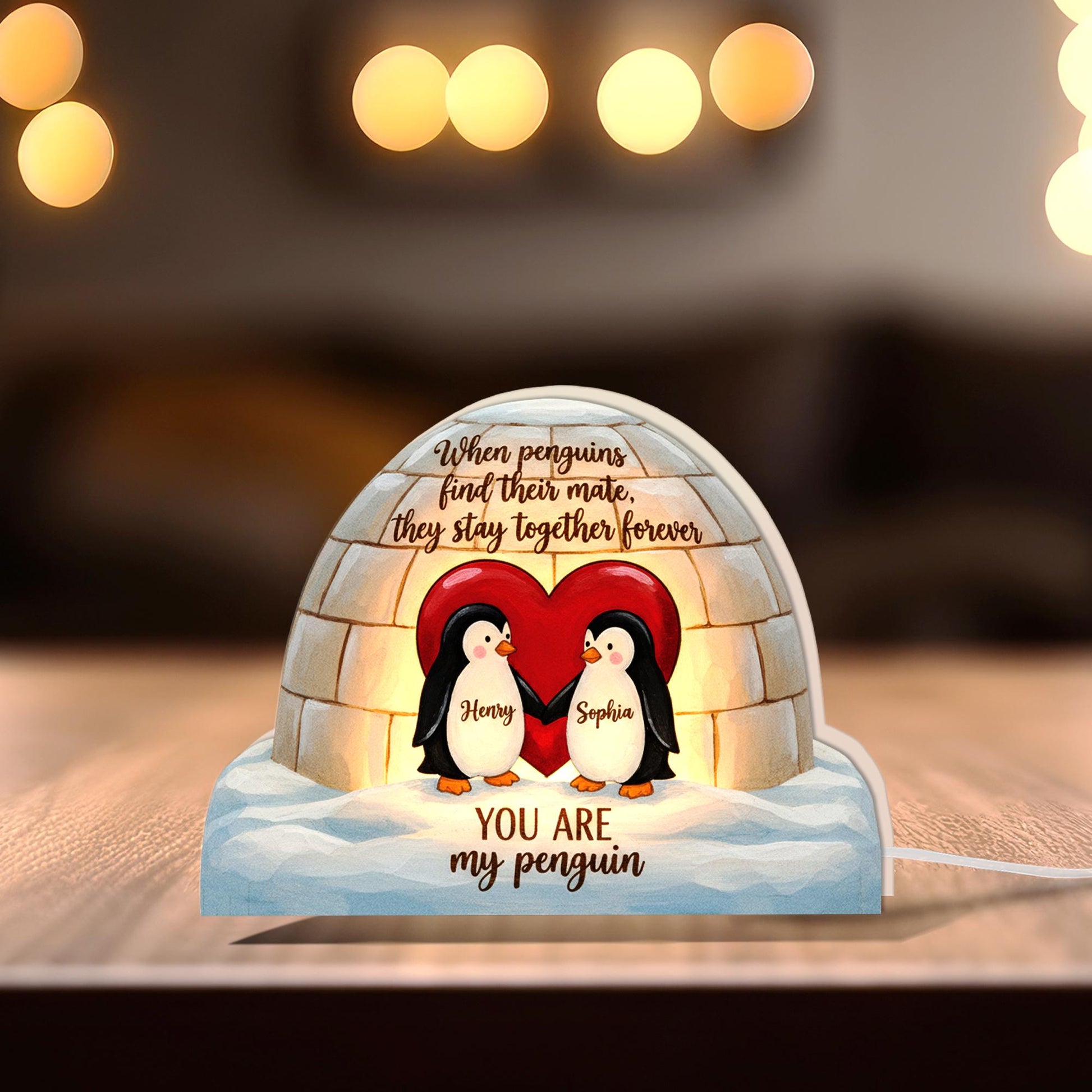 Personalized Penguin Light Box – Custom Couple Keepsake, Igloo Heart Decor image 1