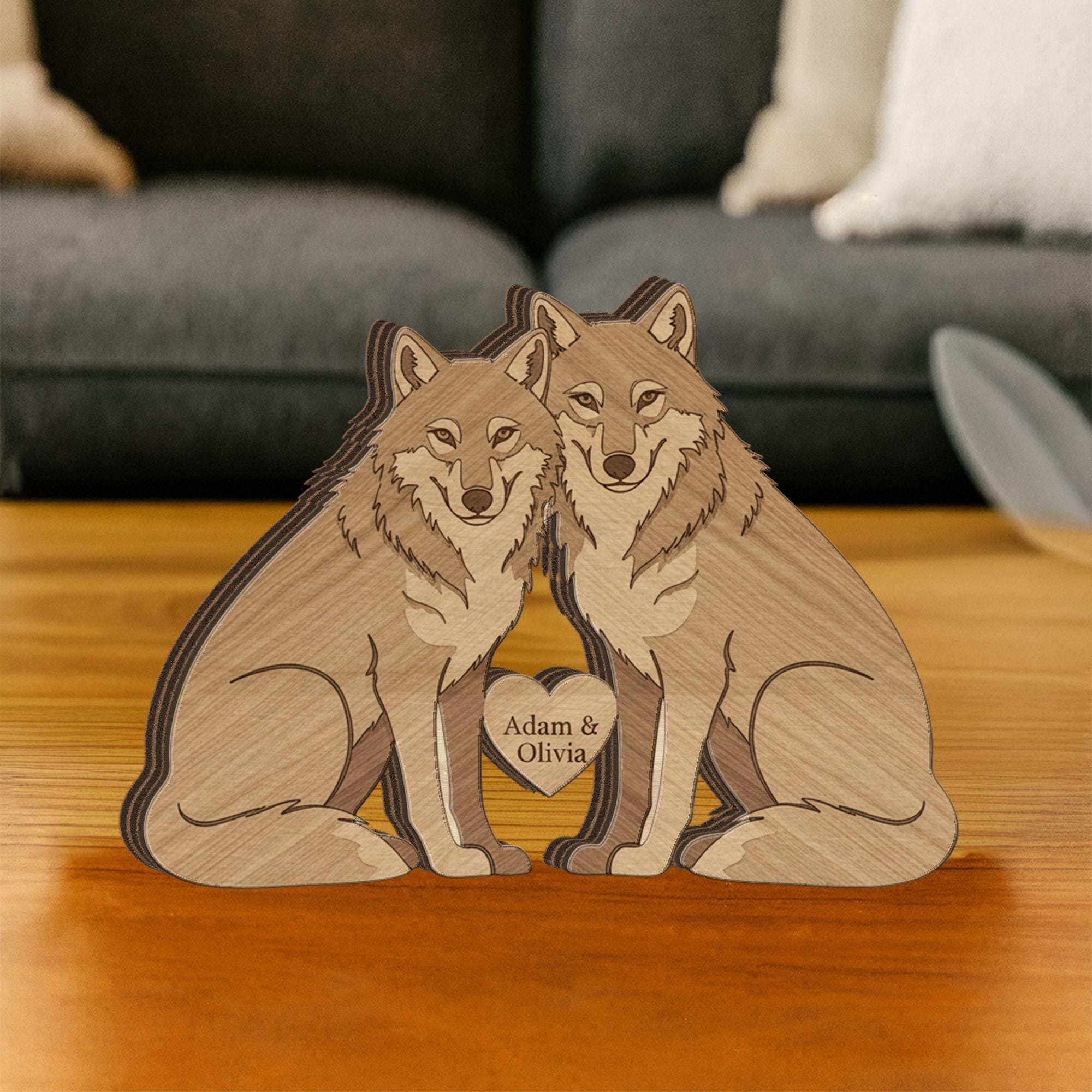 Custom Wolf Couple Wooden Blocks – Animal Pair Table Decor image 1