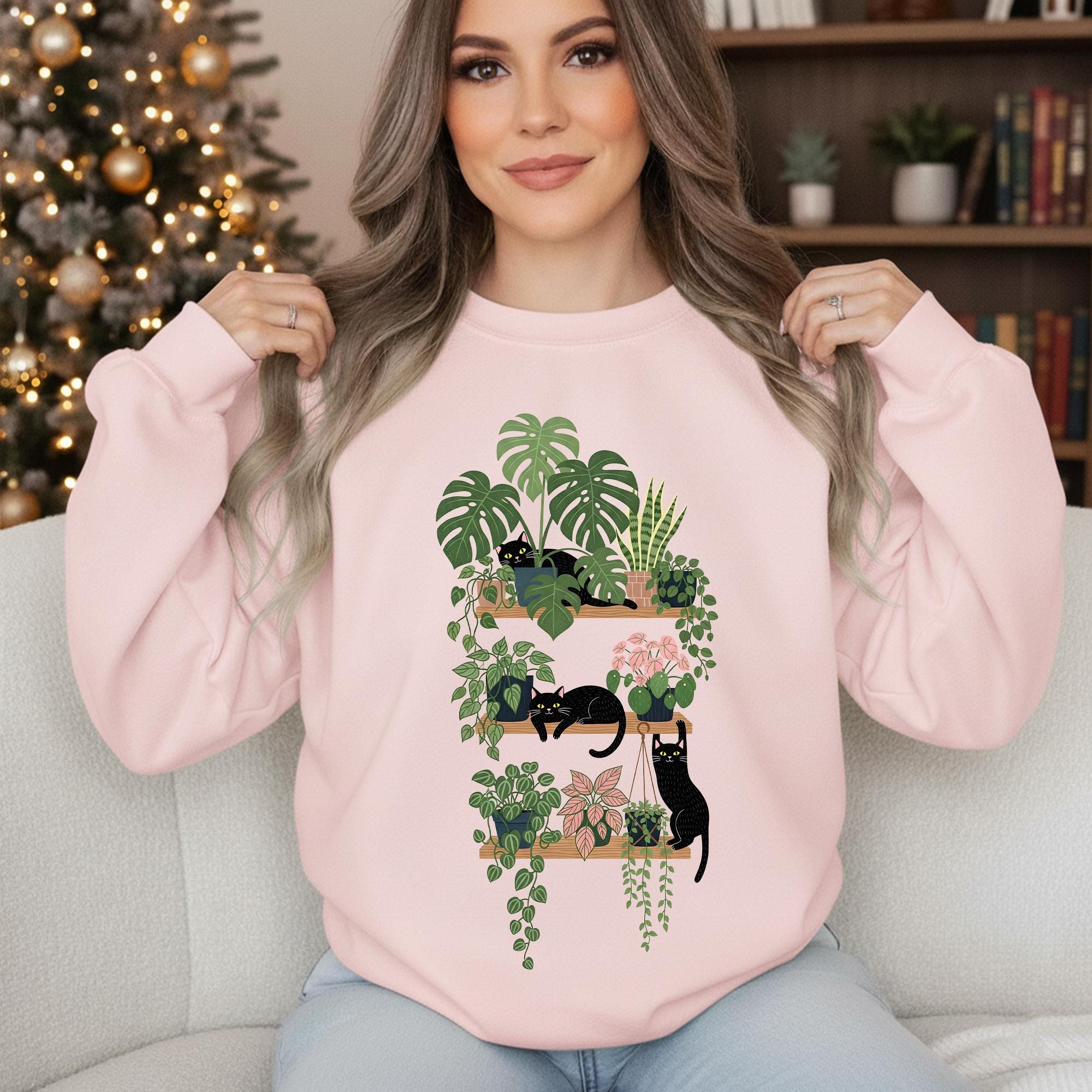 Black Cat Houseplant Sweatshirt: Plant Mom Pullover, Cat Lover Gift image 2