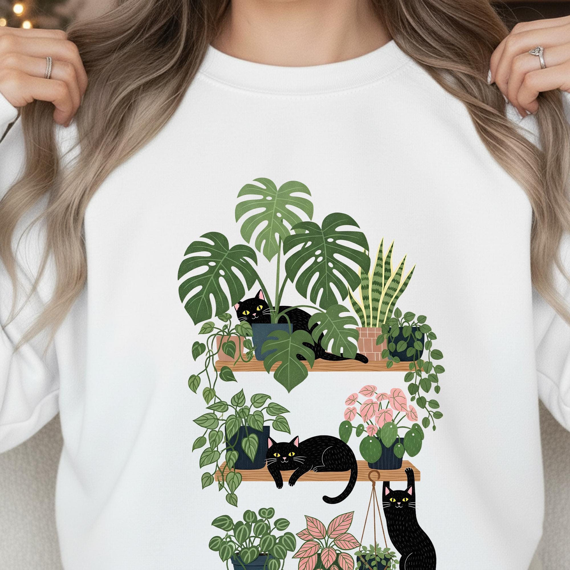 Black Cat Houseplant Sweatshirt: Plant Mom Pullover, Cat Lover Gift image 1