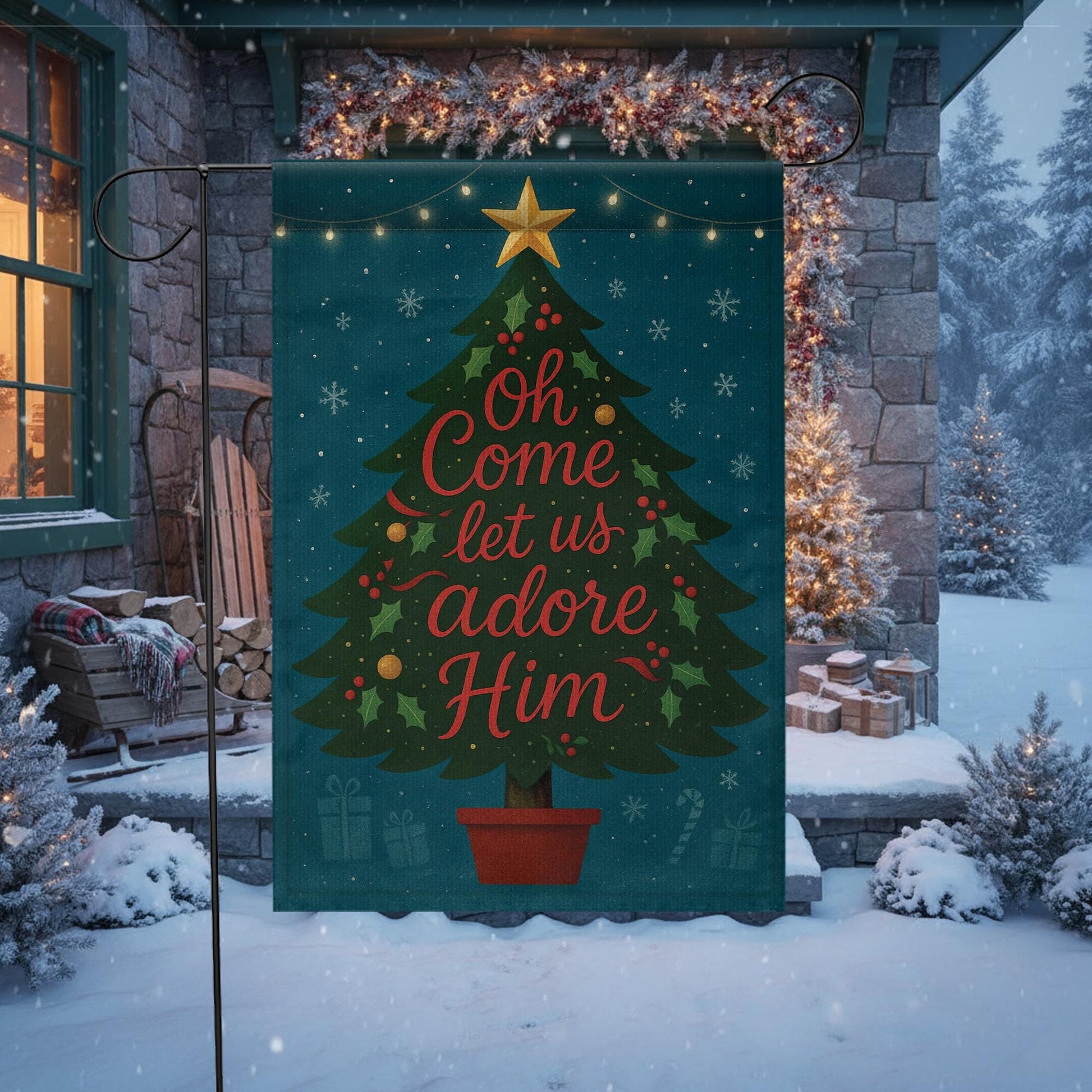 Oh Come Let Us Adore Him Christmas Garden Flag: Holiday Tree Outdoor Flag image 2