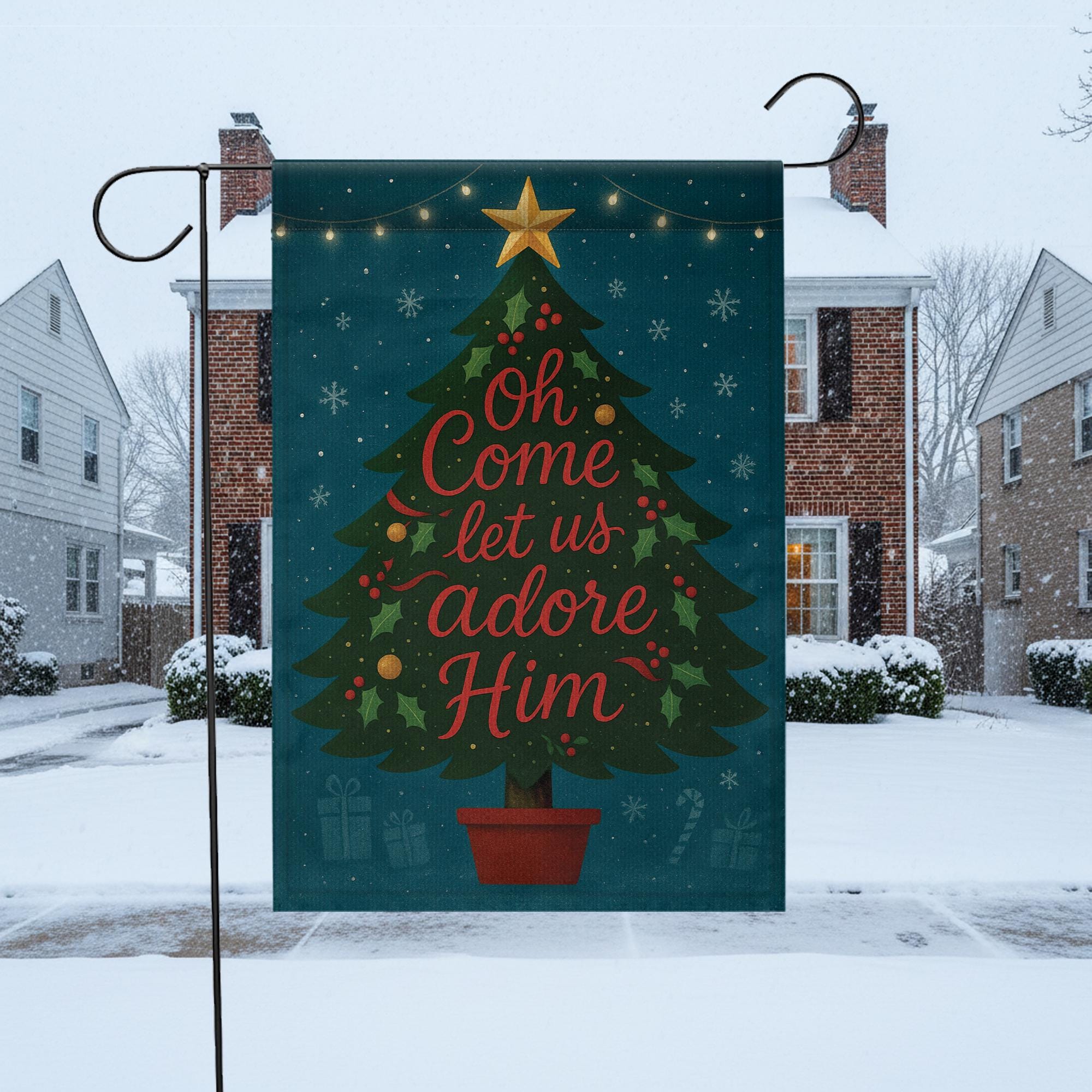 Oh Come Let Us Adore Him Christmas Garden Flag: Holiday Tree Outdoor Flag image 1