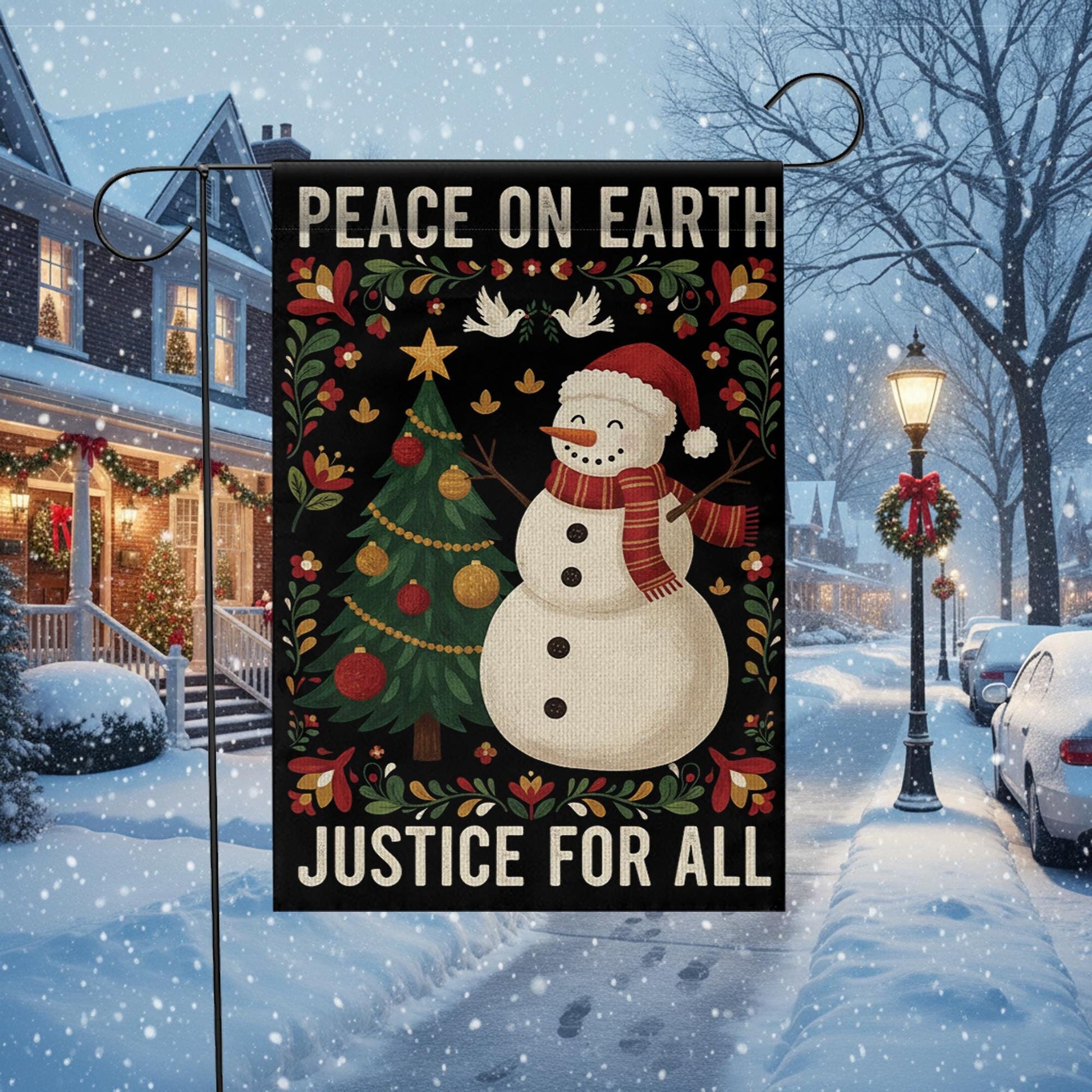 Peace On Earth Justice For All Garden Flag: Holiday Snowman Tree Outdoor Flag image 1