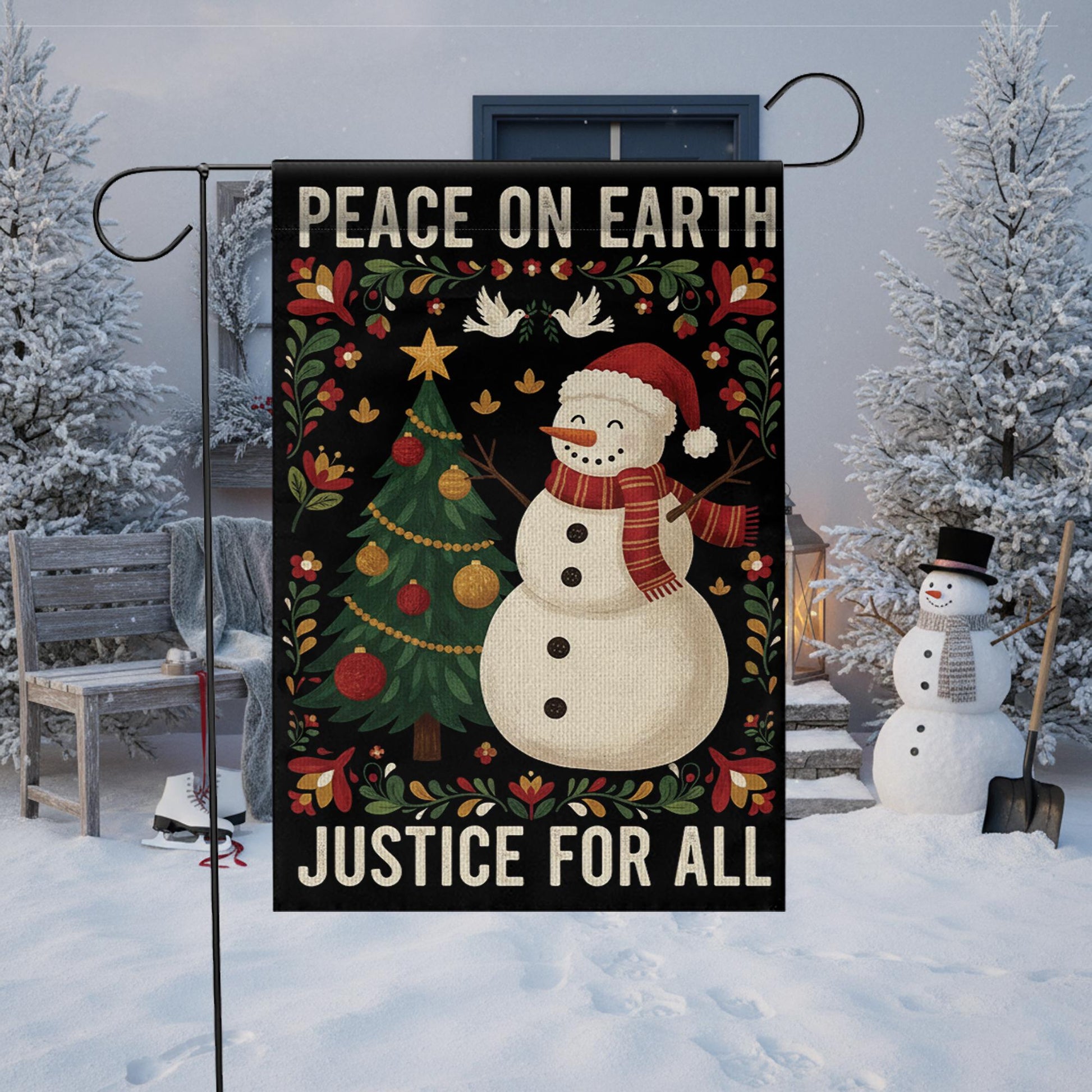 Peace On Earth Justice For All Garden Flag: Holiday Snowman Tree Outdoor Flag image 4