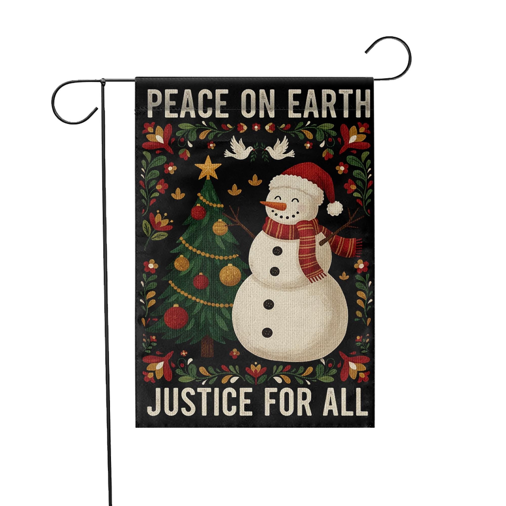 Peace On Earth Justice For All Garden Flag: Holiday Snowman Tree Outdoor Flag image 5