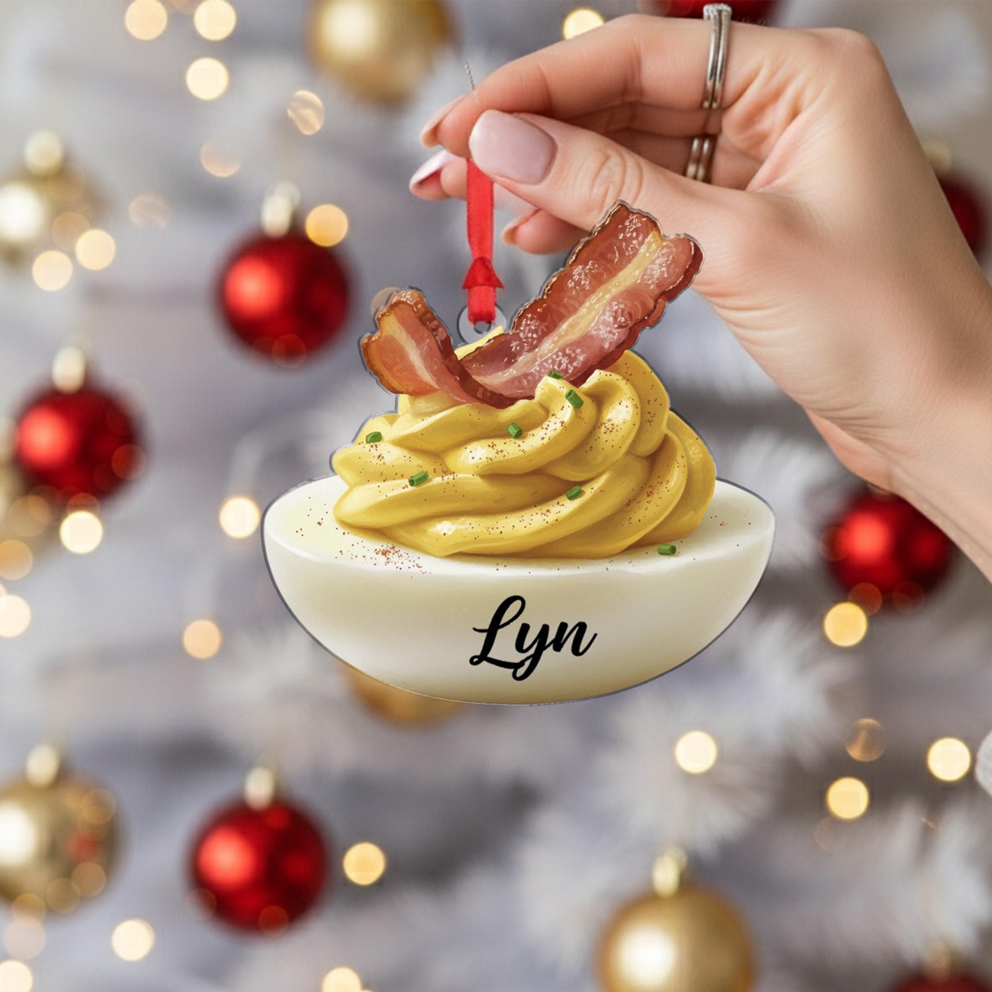 Personalized Deviled Egg Ornament – Food Decoration, Bacon and Chive Design, Holiday Kitchen Tree Keepsake image 2