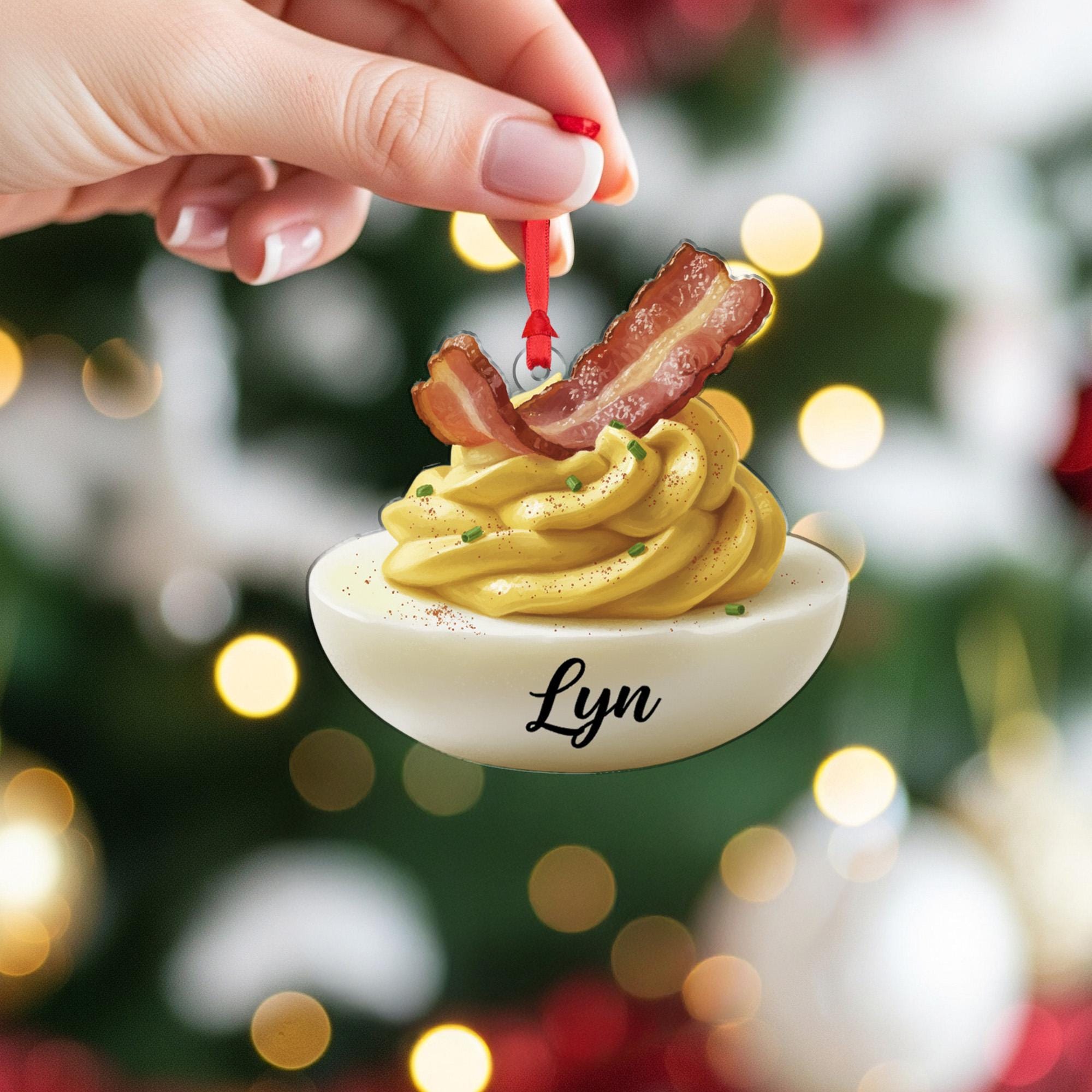 Personalized Deviled Egg Ornament – Food Decoration, Bacon and Chive Design, Holiday Kitchen Tree Keepsake image 3