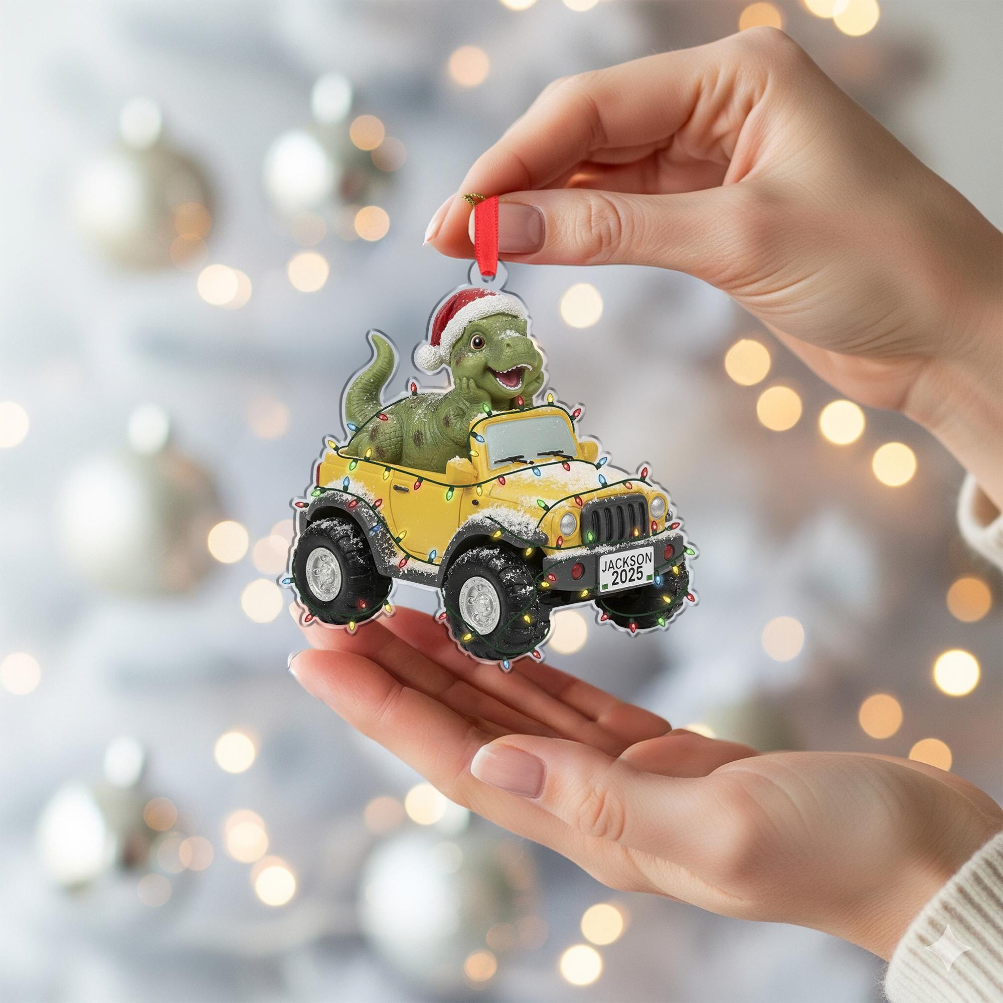 Personalized Dinosaur Car Ornament – Christmas Decoration, T-Rex in Jeep Design, Holiday Tree Keepsake image 5