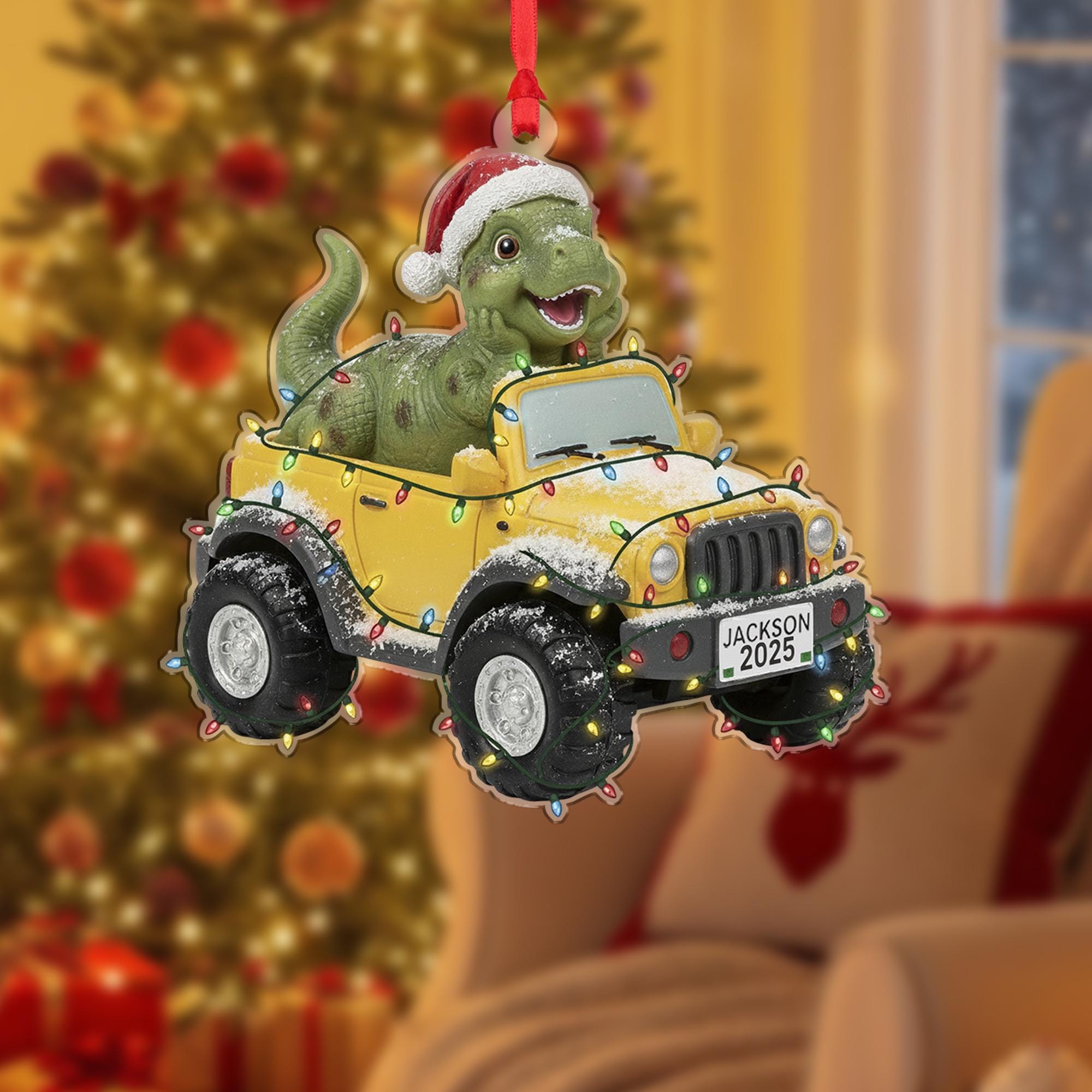 Personalized Dinosaur Car Ornament – Christmas Decoration, T-Rex in Jeep Design, Holiday Tree Keepsake image 7