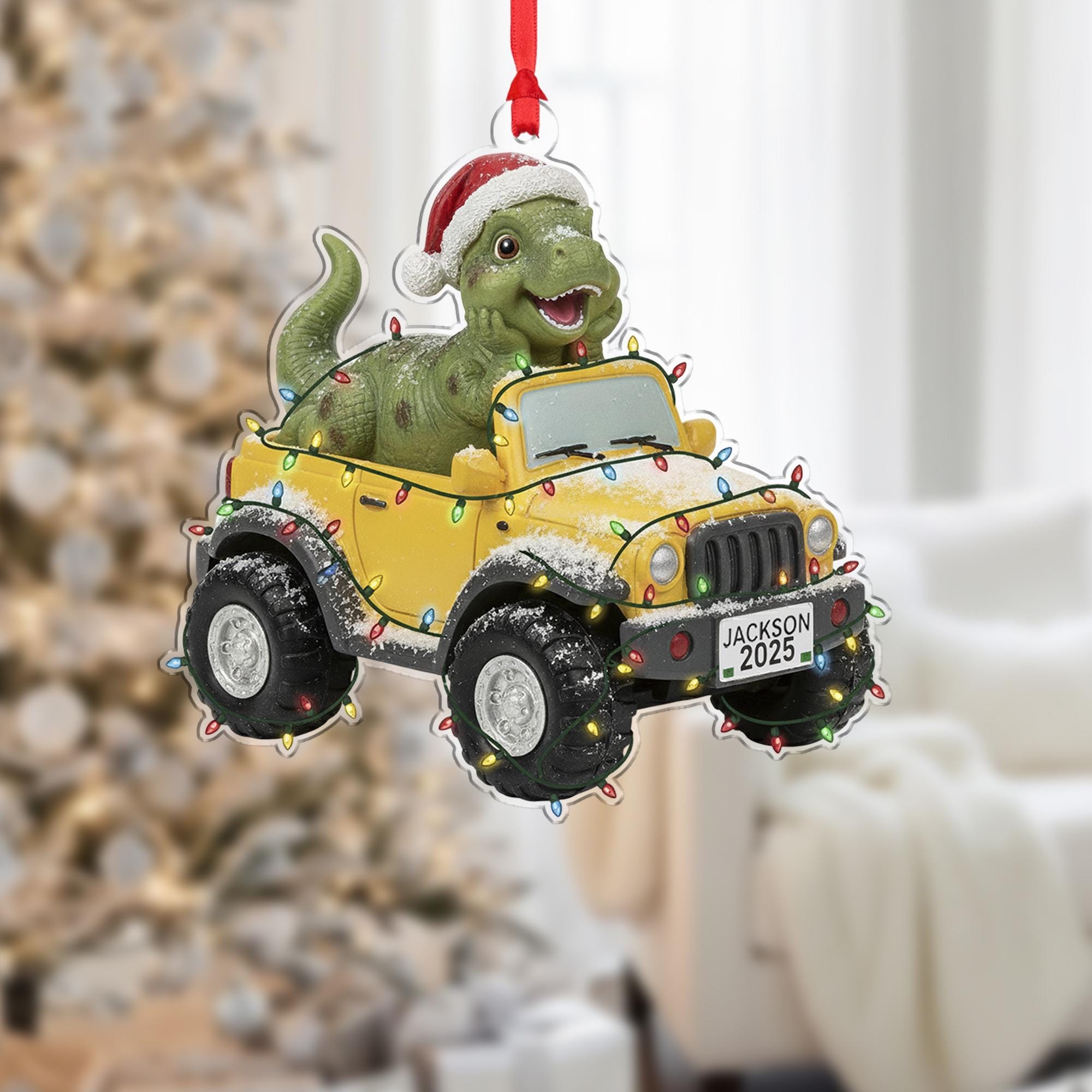 Personalized Dinosaur Car Ornament – Christmas Decoration, T-Rex in Jeep Design, Holiday Tree Keepsake image 1
