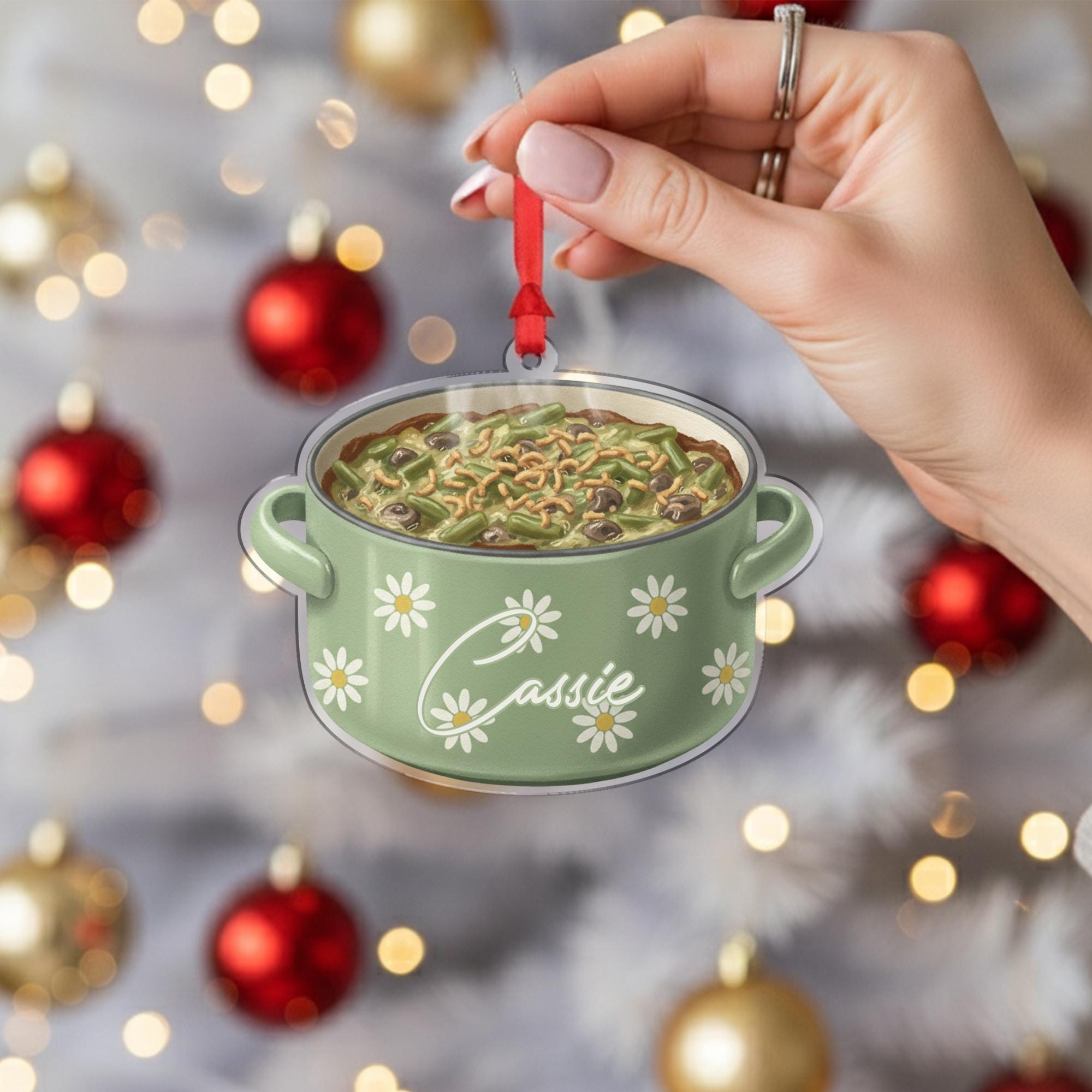 Personalized Casserole Dish Ornament – Food Decoration, Green Bean Design, Holiday Kitchen Tree Keepsake image 3