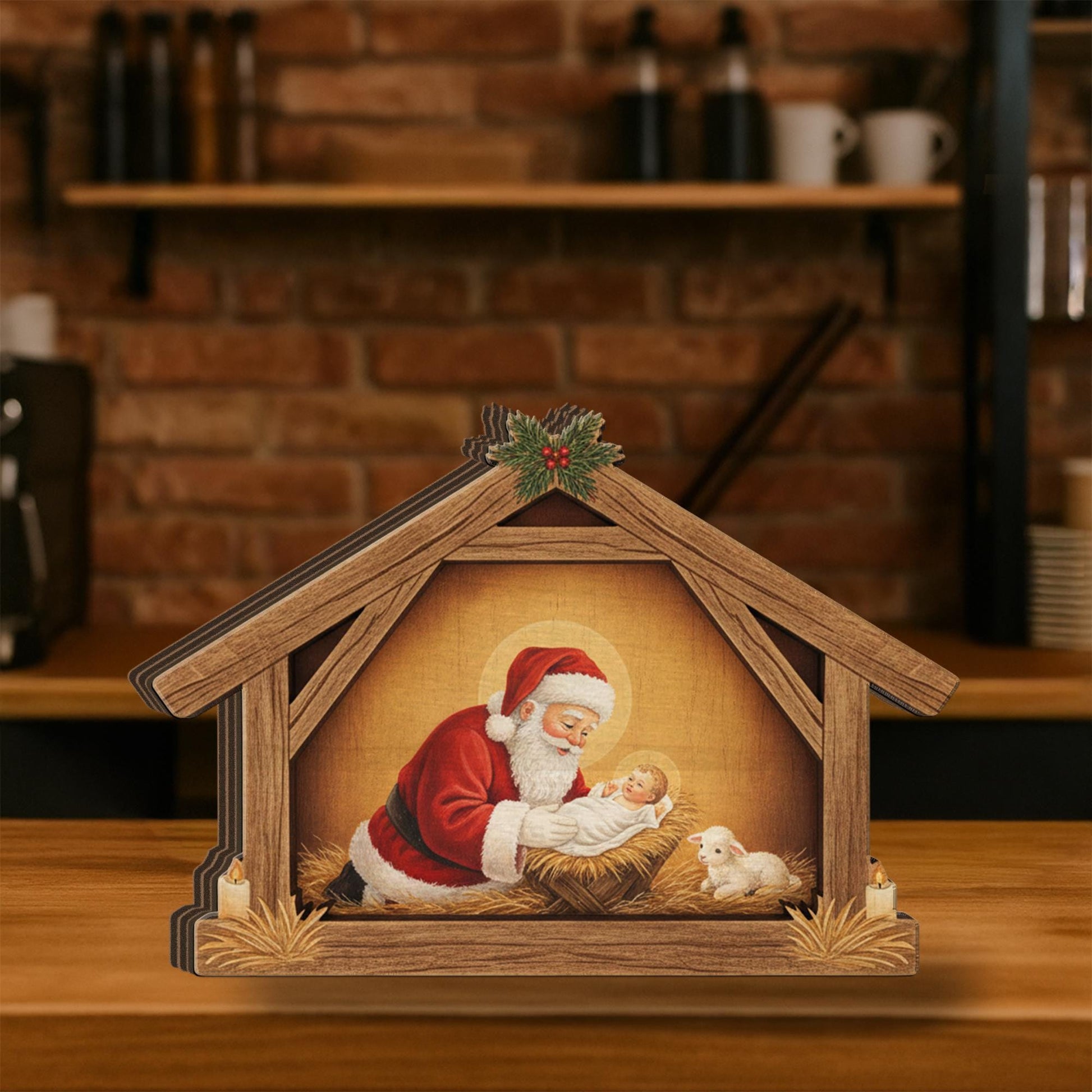 Baby Jesus Wooden Nativity Block – Santa and Christ Scene Christmas Table Decoration image 2