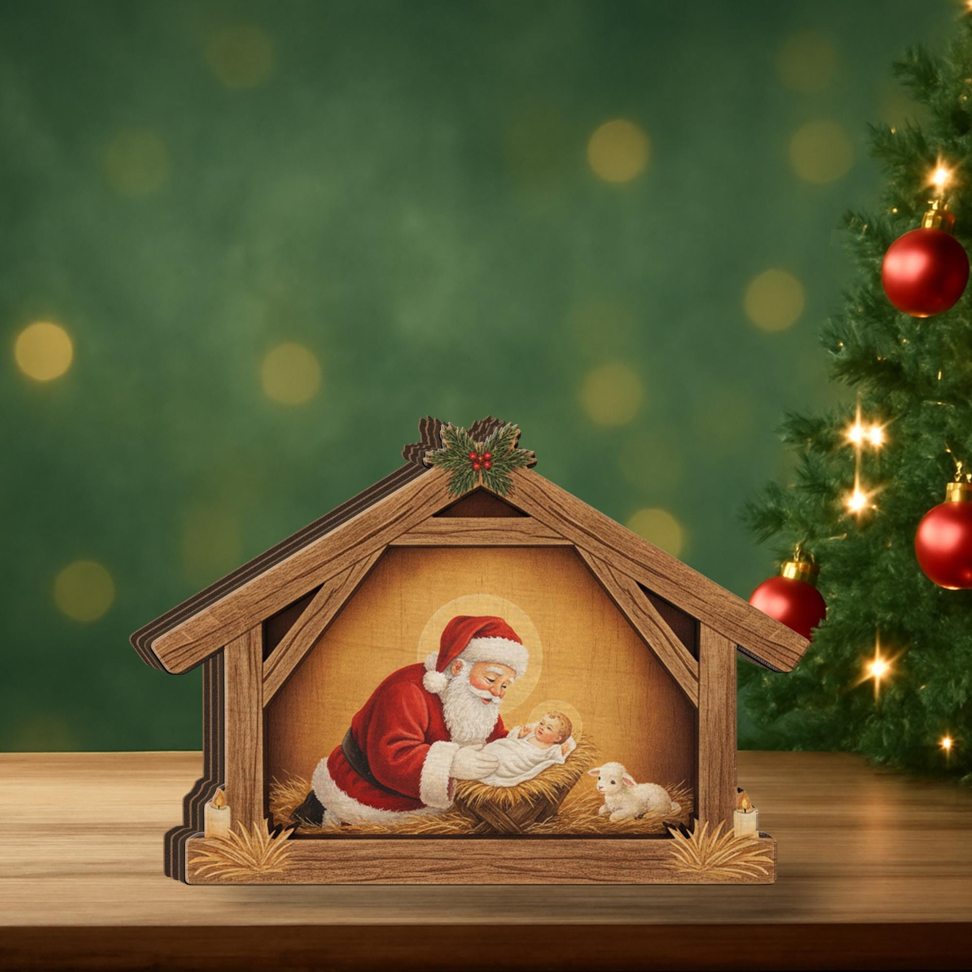 Baby Jesus Wooden Nativity Block – Santa and Christ Scene Christmas Table Decoration image 3