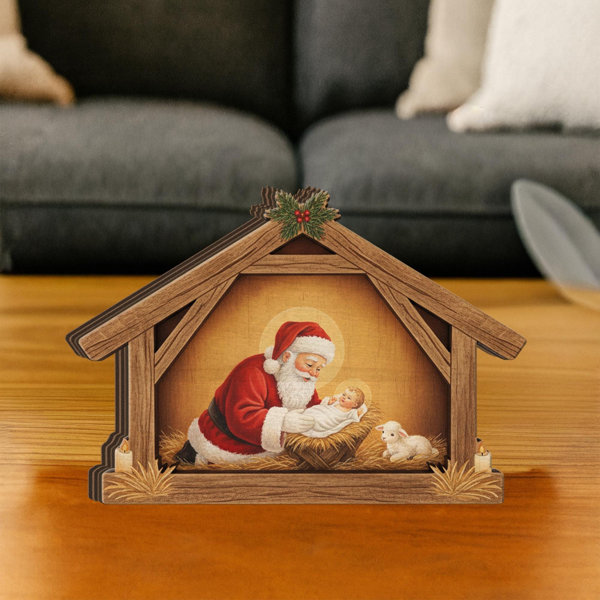Baby Jesus Wooden Nativity Block – Santa and Christ Scene Christmas Table Decoration image 5