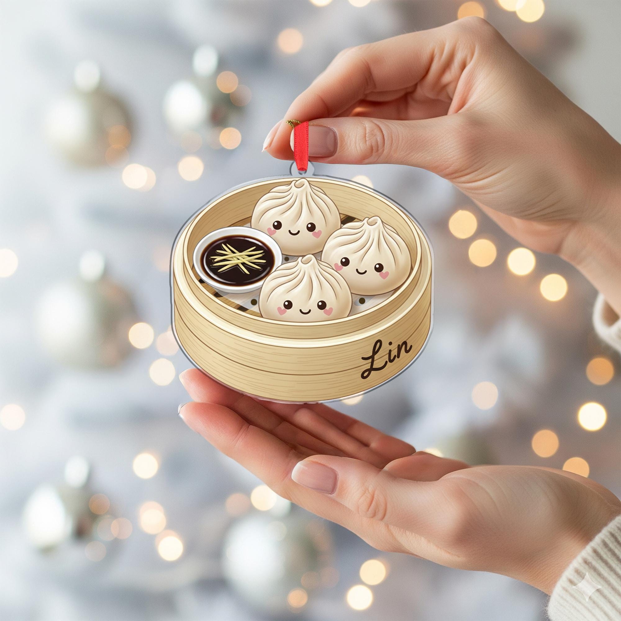 Personalized Dumpling Ornament – Custom Name Food Decoration, Steamer Basket Design, Holiday Kitchen Tree Keepsake image 4