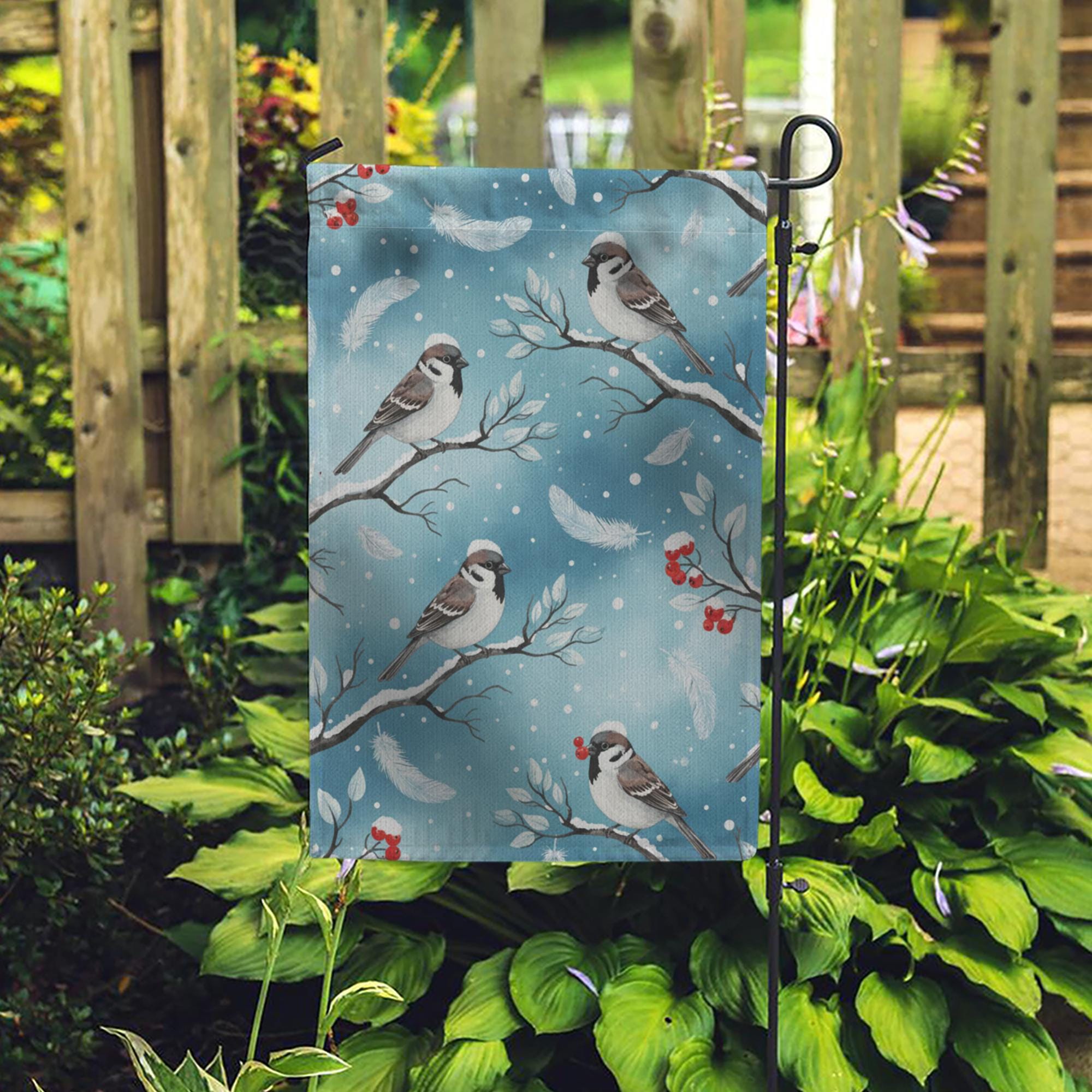 Winter Bird Garden Flag – Sparrow and Berry Yard Decoration, Seasonal Outdoor Decor image 2