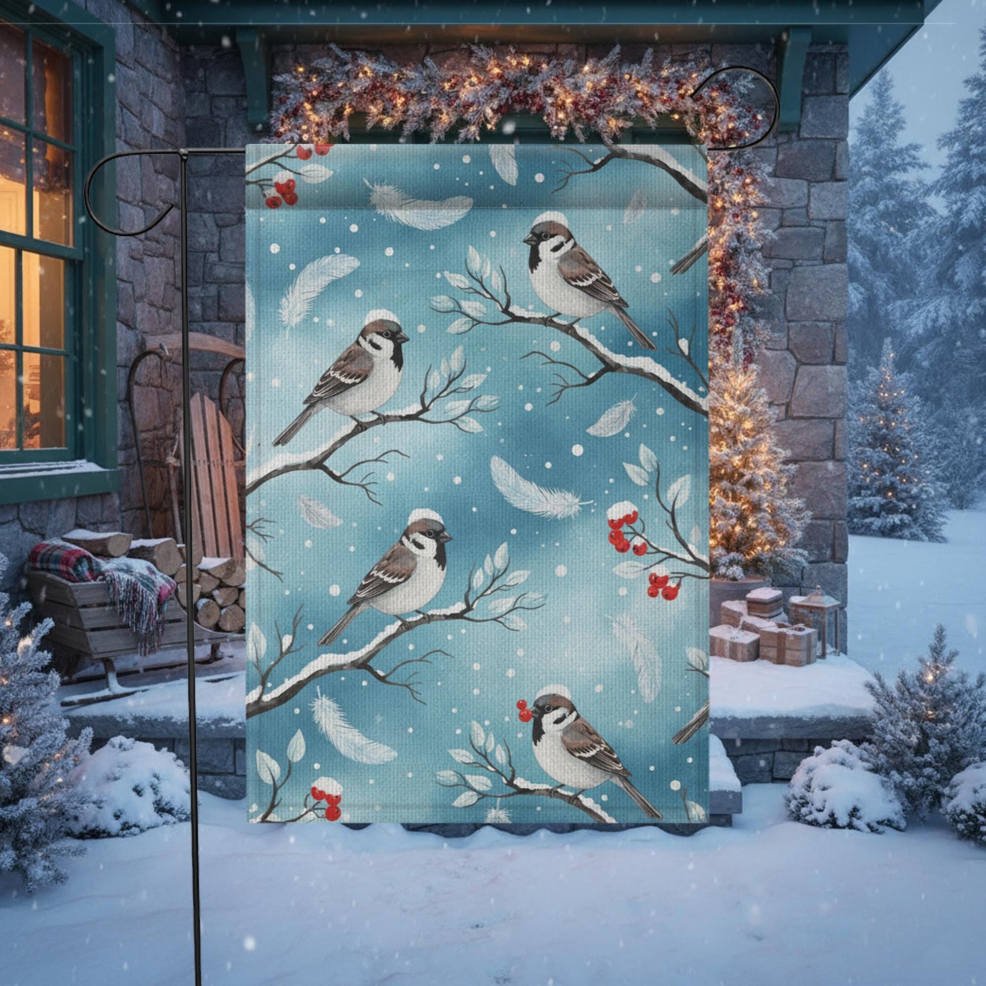 Winter Bird Garden Flag – Sparrow and Berry Yard Decoration, Seasonal Outdoor Decor image 1