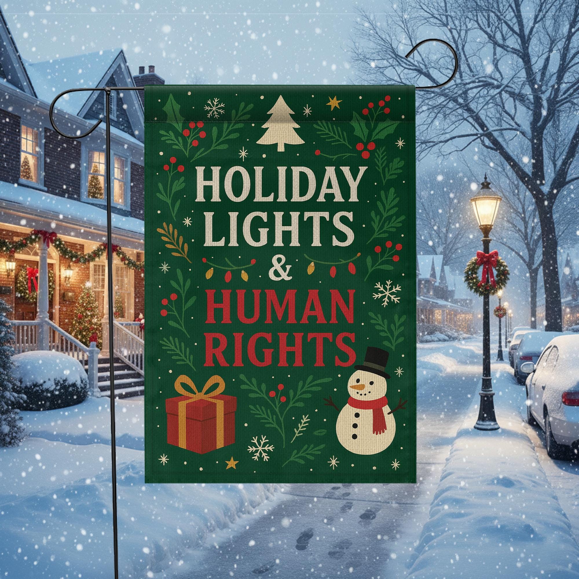 Holiday Lights & Human Rights Garden Flag – Inclusive Christmas Outdoor Decor image 1