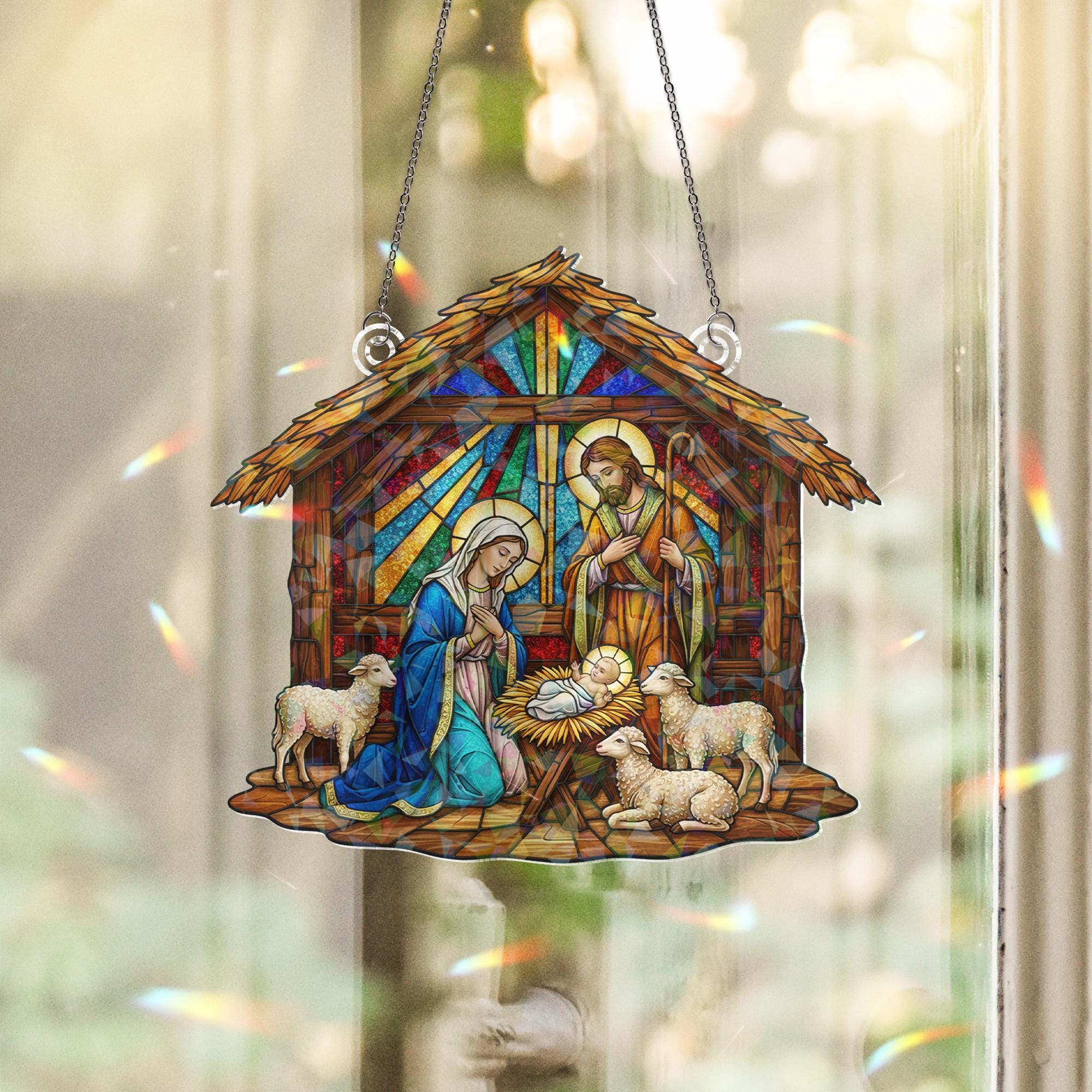 Nativity Scene Holographic Acrylic Suncatcher – Holy Family Window Christmas Decoration image 1