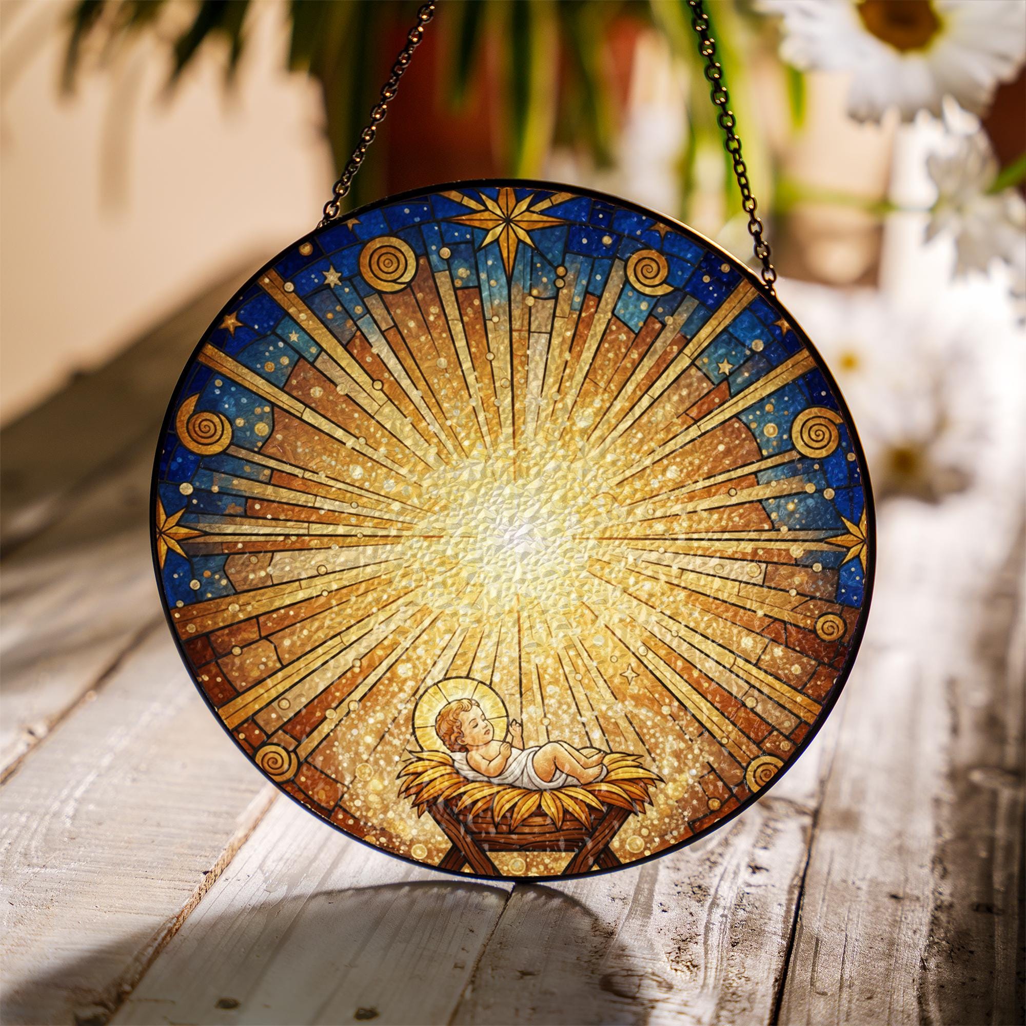 Baby Jesus Glass Suncatcher – Nativity Window Hanging Religious Christmas Decoration image 1
