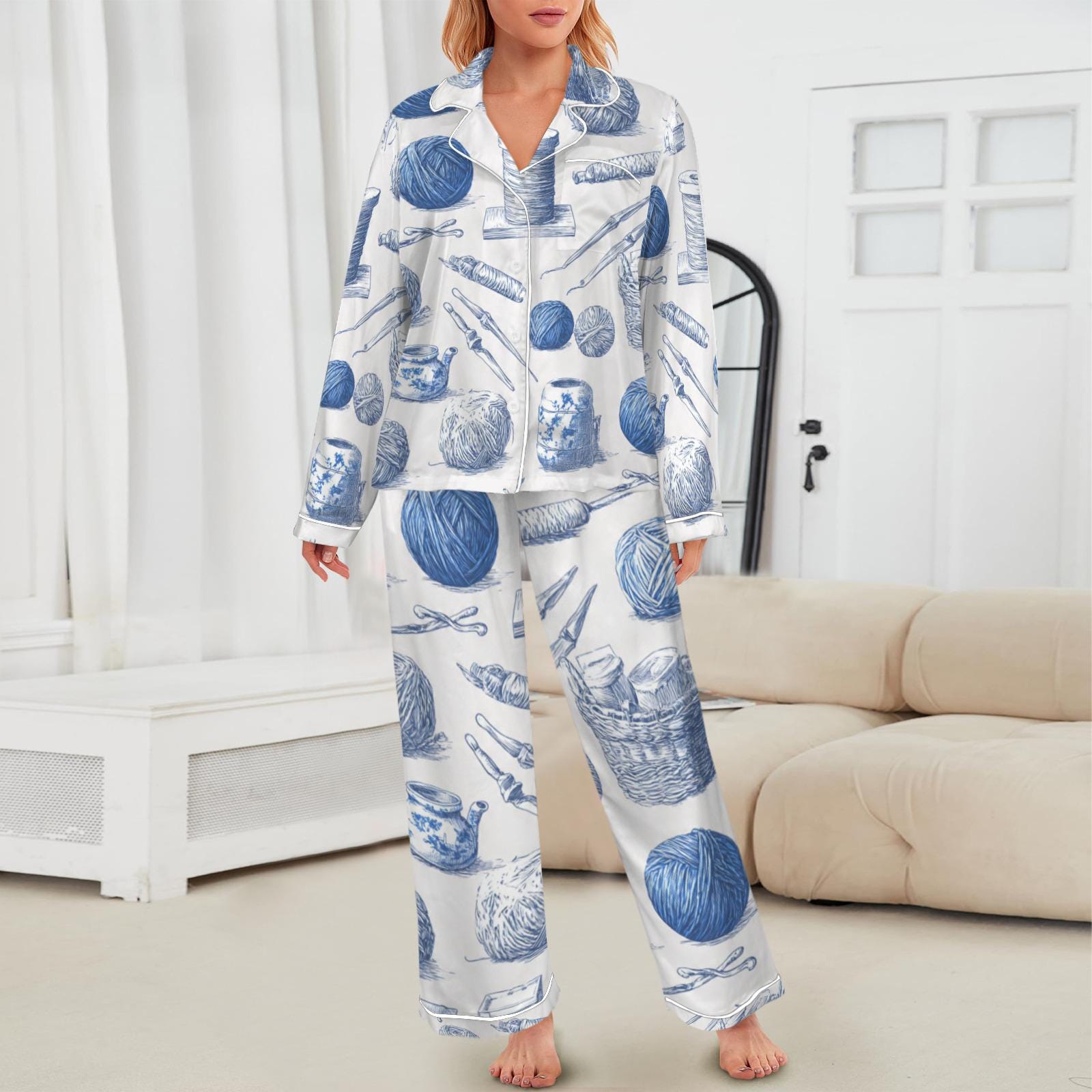 Pajama Set Yarn Knitting Print; Women's Blue Crochet Crafting PJs Gift image 1
