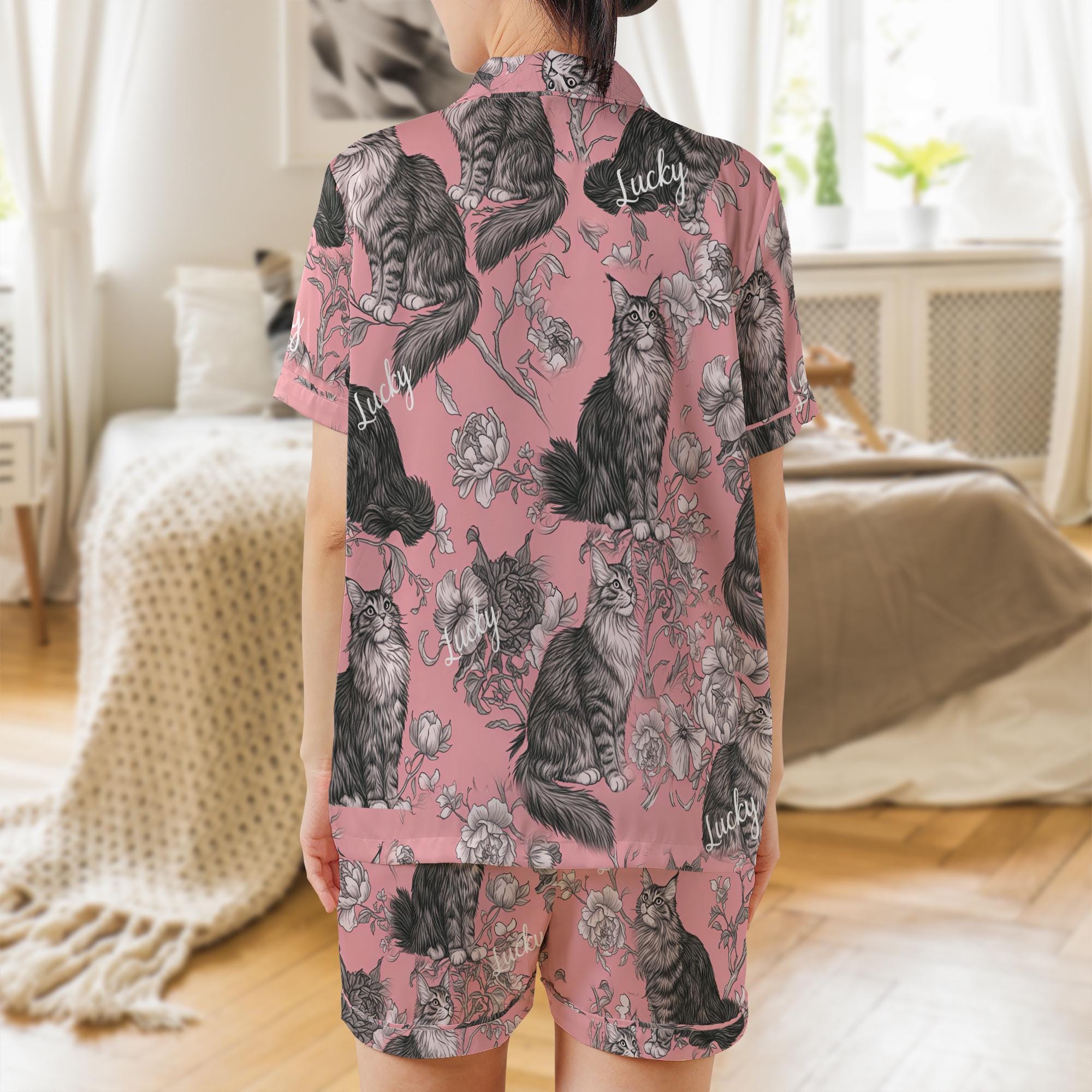 Satin Pajama Set: Sleepwear Short Sleeve Long Sleeve, Maine Coon Cat Toile Print image 2
