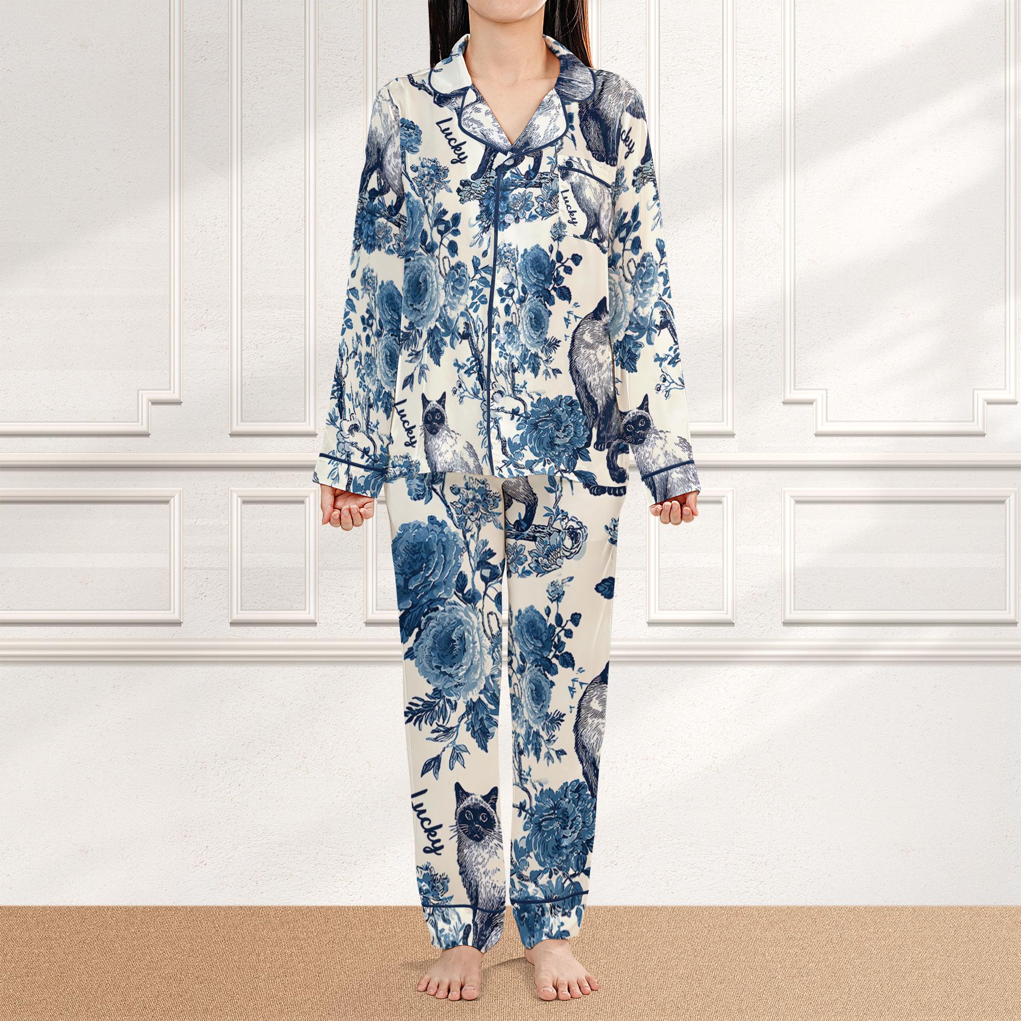 Satin Pajama Set: Sleepwear Short Sleeve & Long Sleeve, Siamese Cat Toile Print image 2